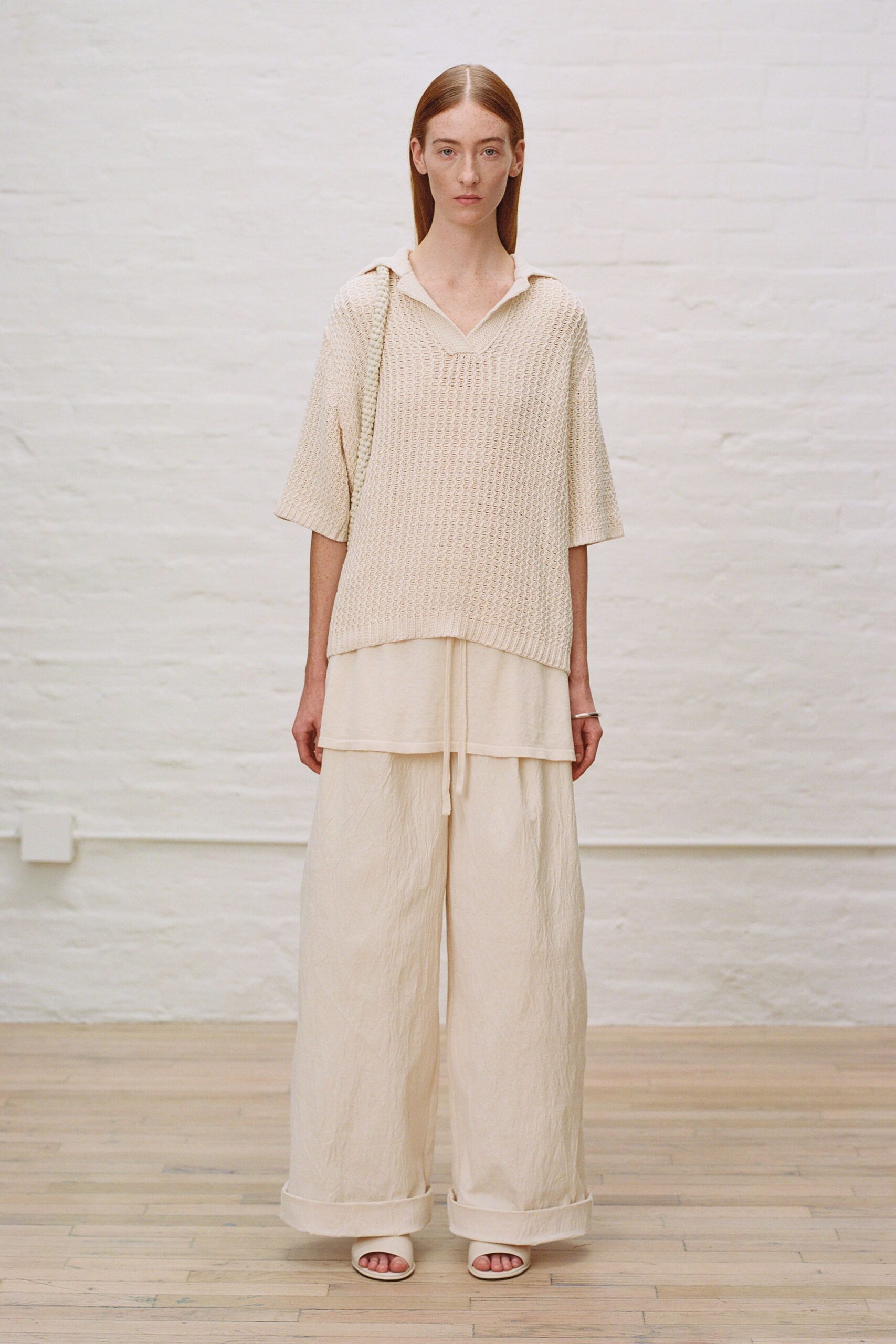 beige cotton short-sleeve v-neck relaxed textured top