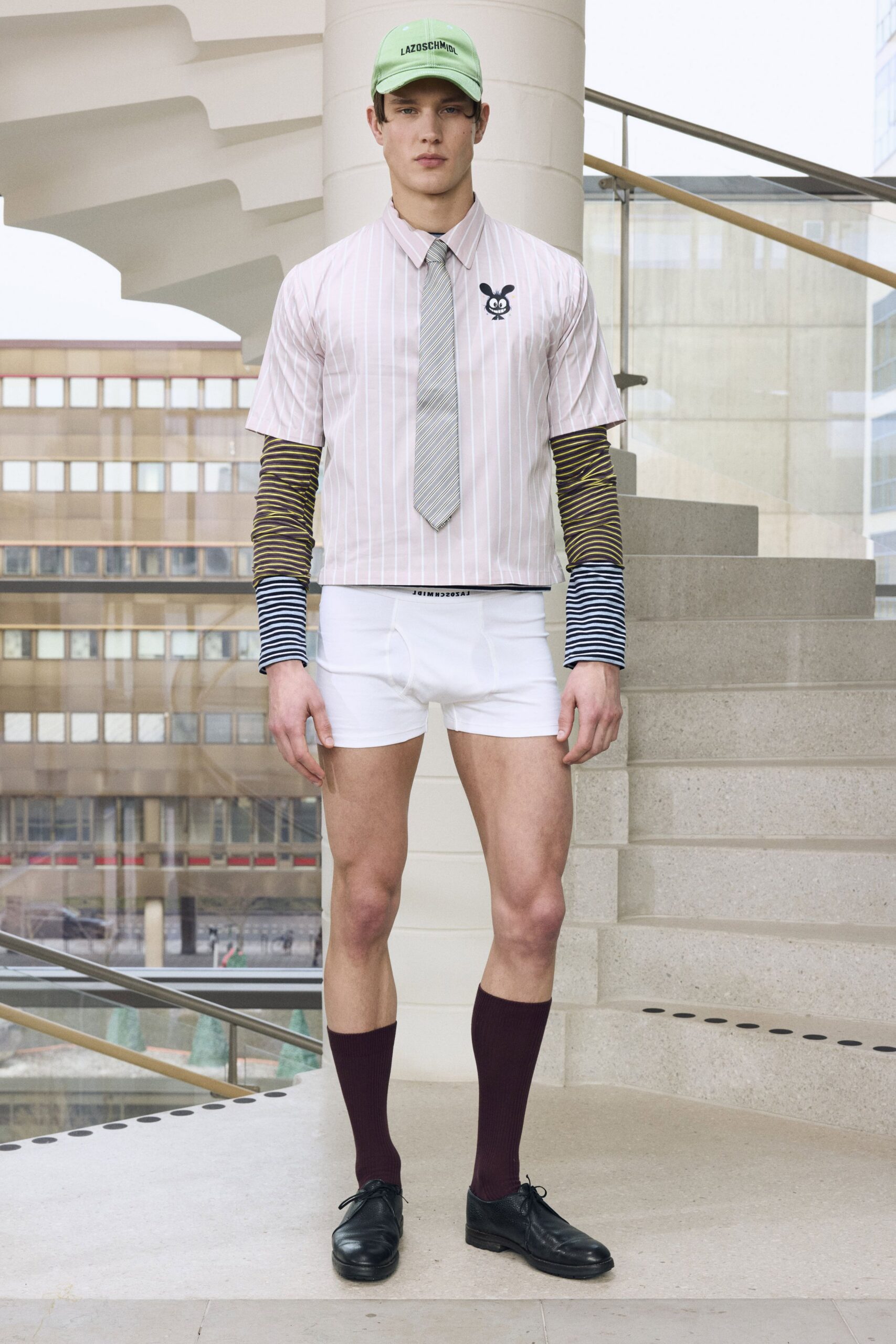 pink cotton short-sleeve collared fitted striped cropped shirt