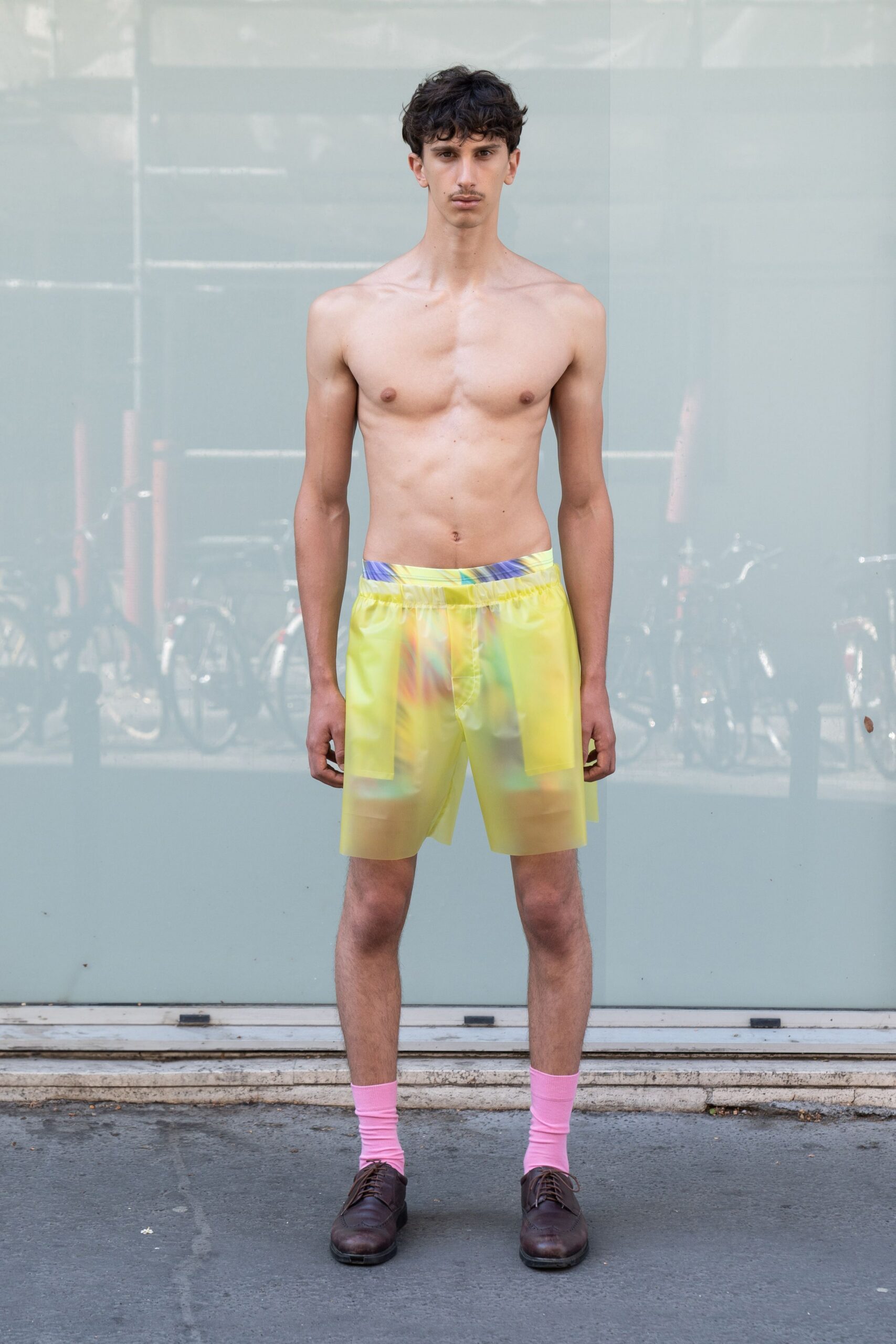 yellow neoprene relaxed pleated sheer short shorts