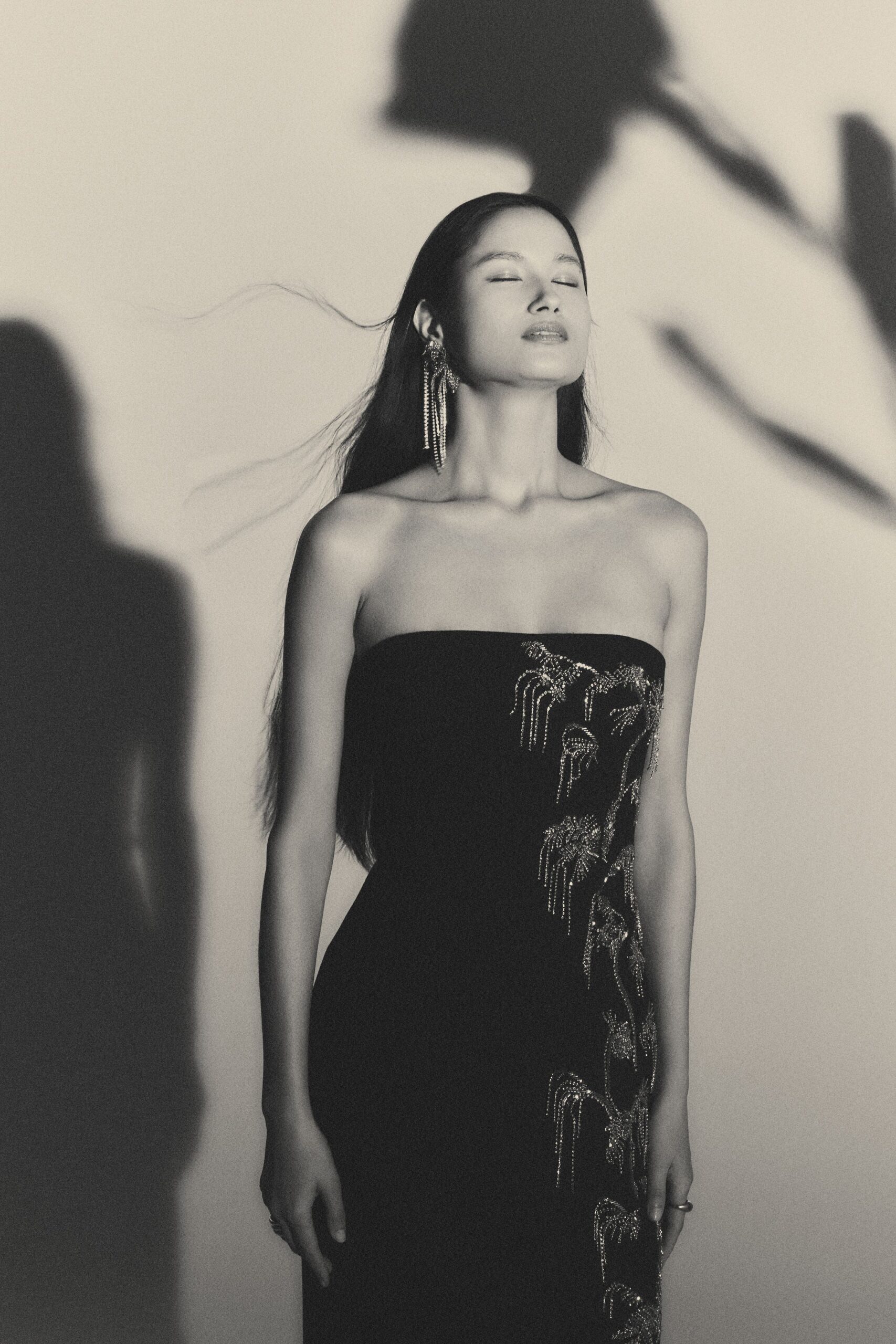 black silk strapless gown