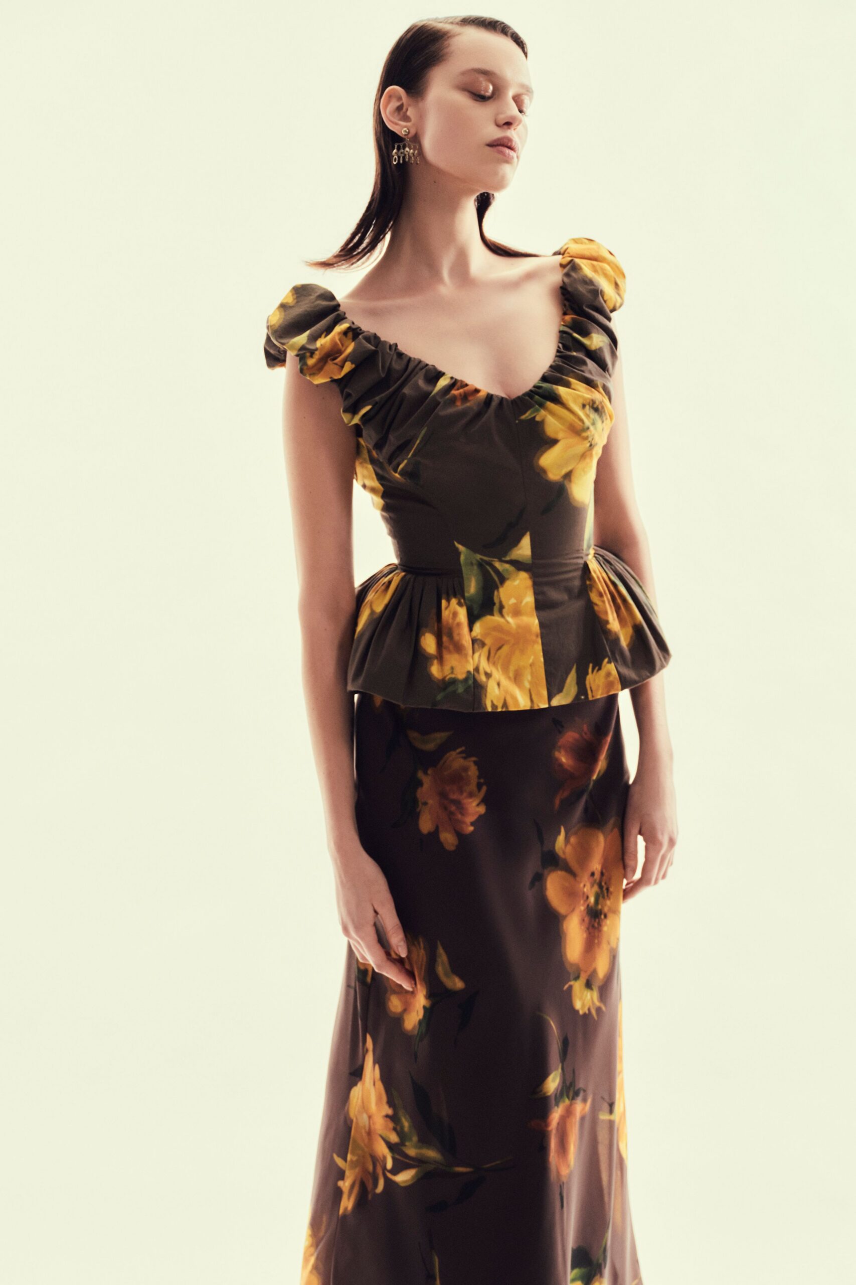 brown floral fitted gown