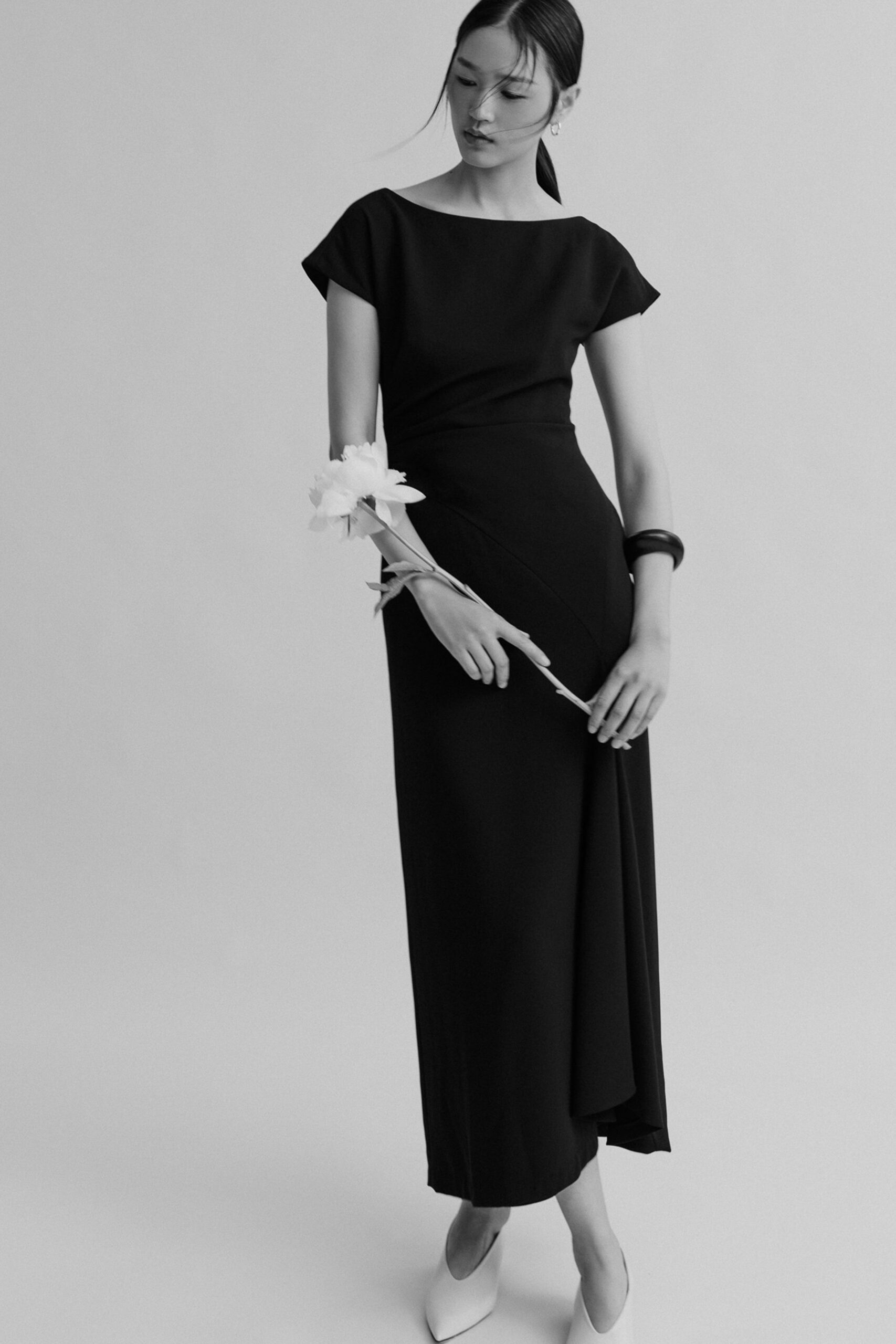 black silk short-sleeve v-neck fitted draped maxi gown