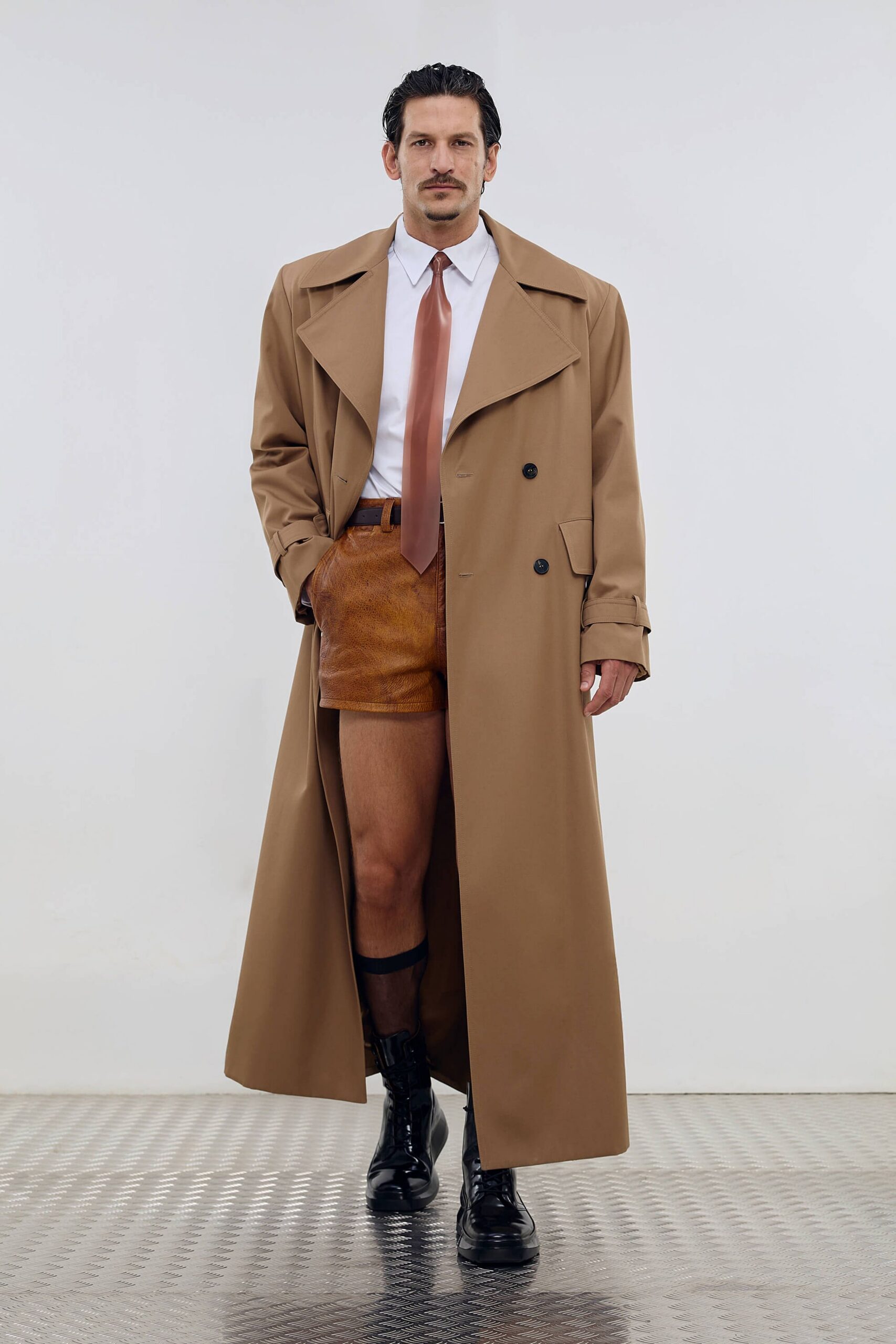 brown cotton long-sleeve collared relaxed maxi trench