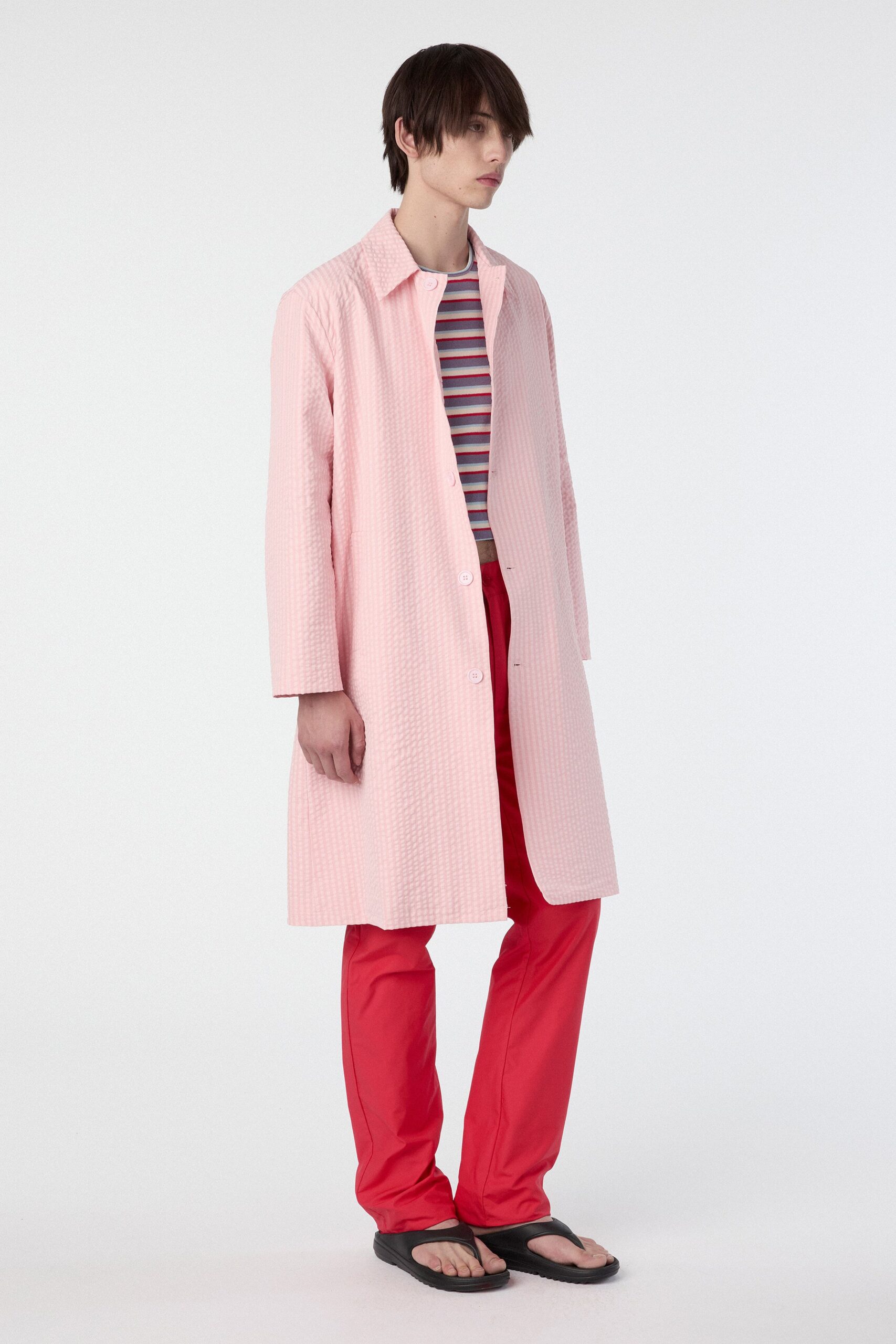 pink cotton long-sleeve collared relaxed buttoned textured coat
