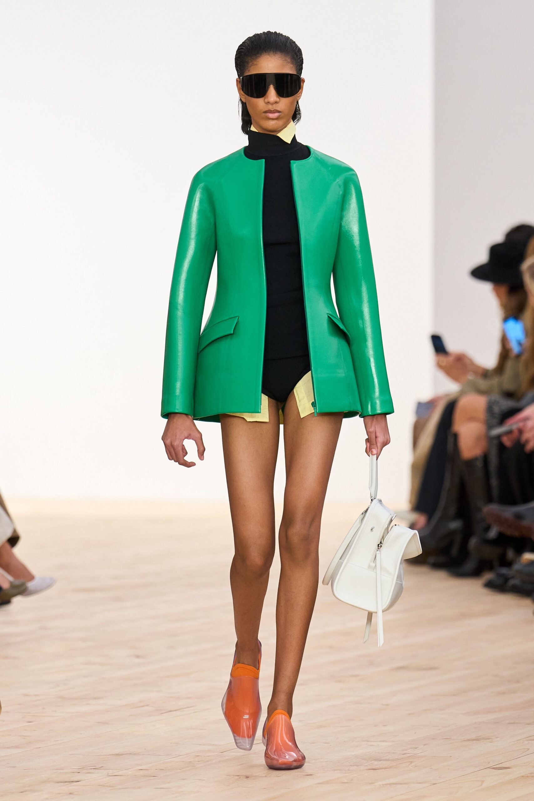 green leather long-sleeve collared fitted jacket