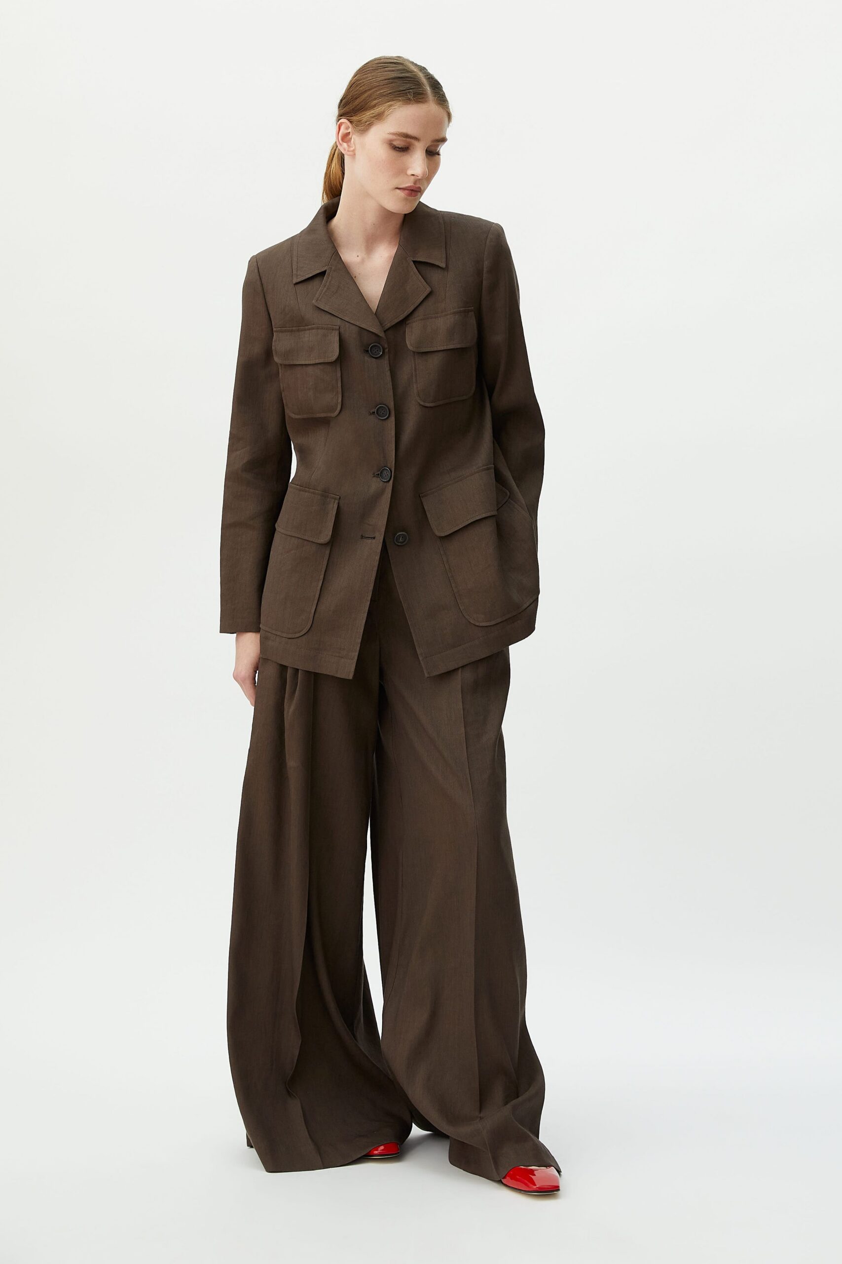 brown relaxed blazer with wide-leg pants