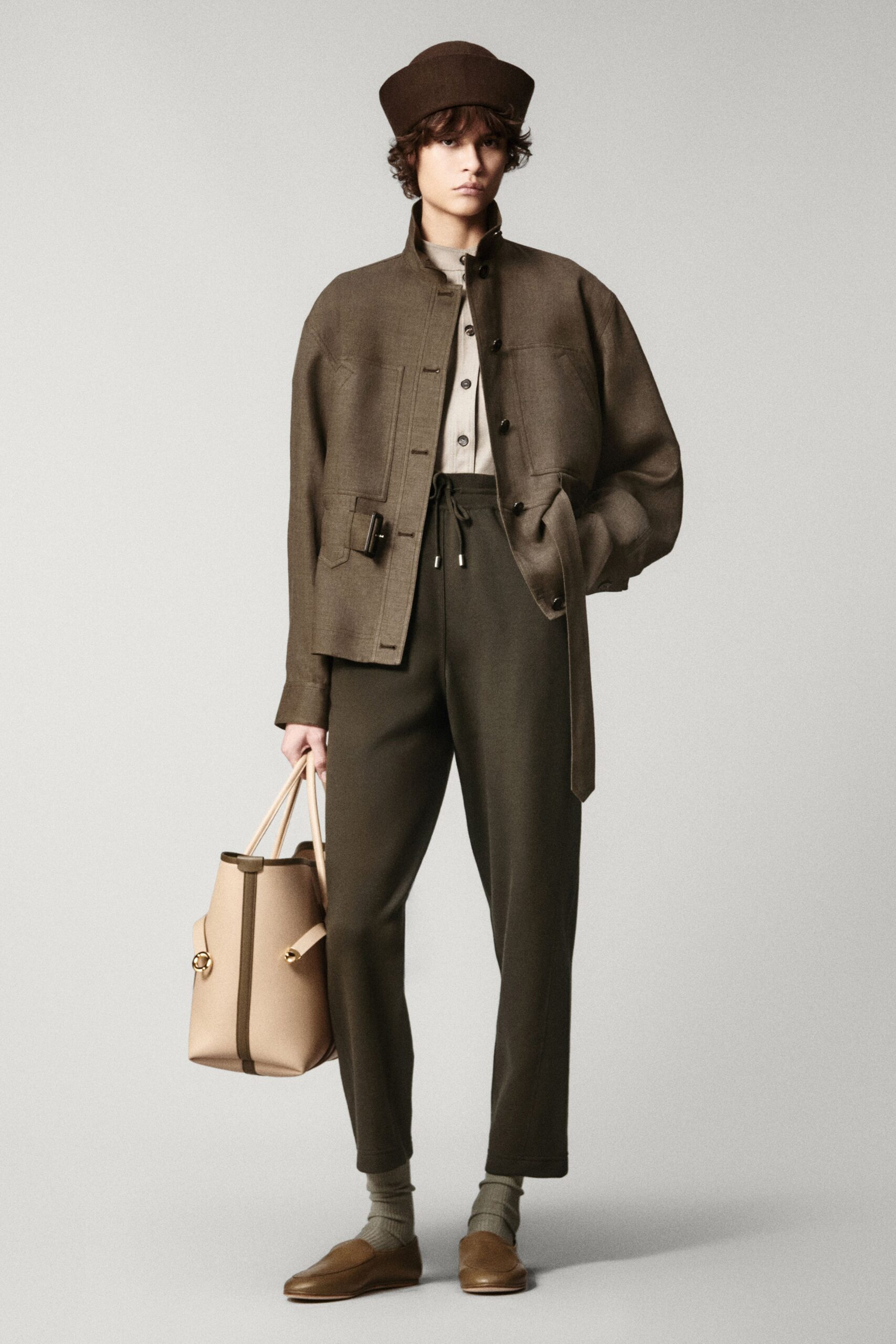 brown relaxed jacket with beige shirt