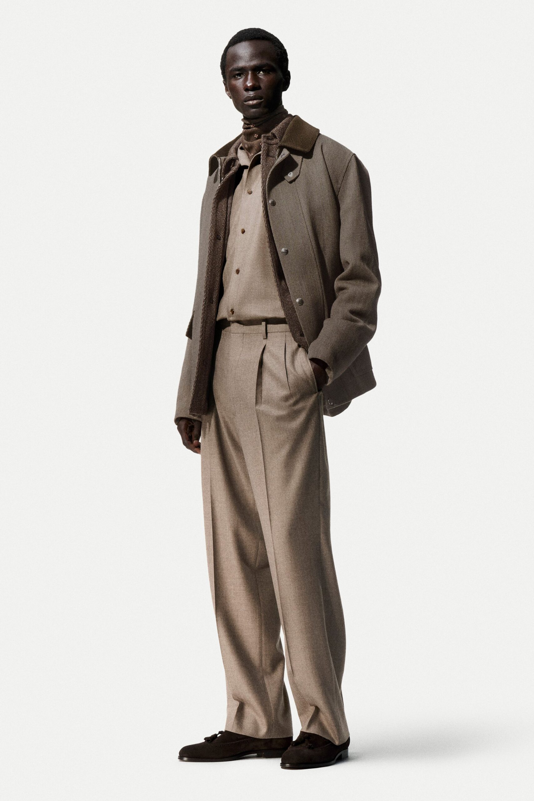 brown wool long-sleeve collared structured buttoned jacket