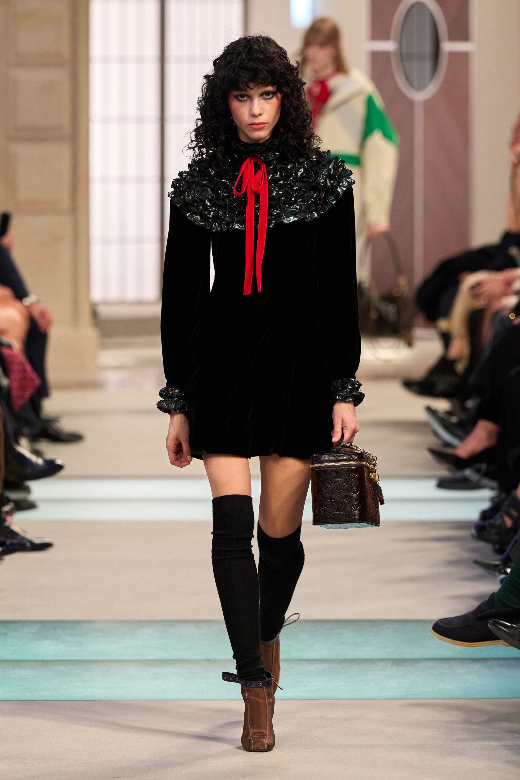 black velvet long-sleeve collared fitted ruffled pleated dress