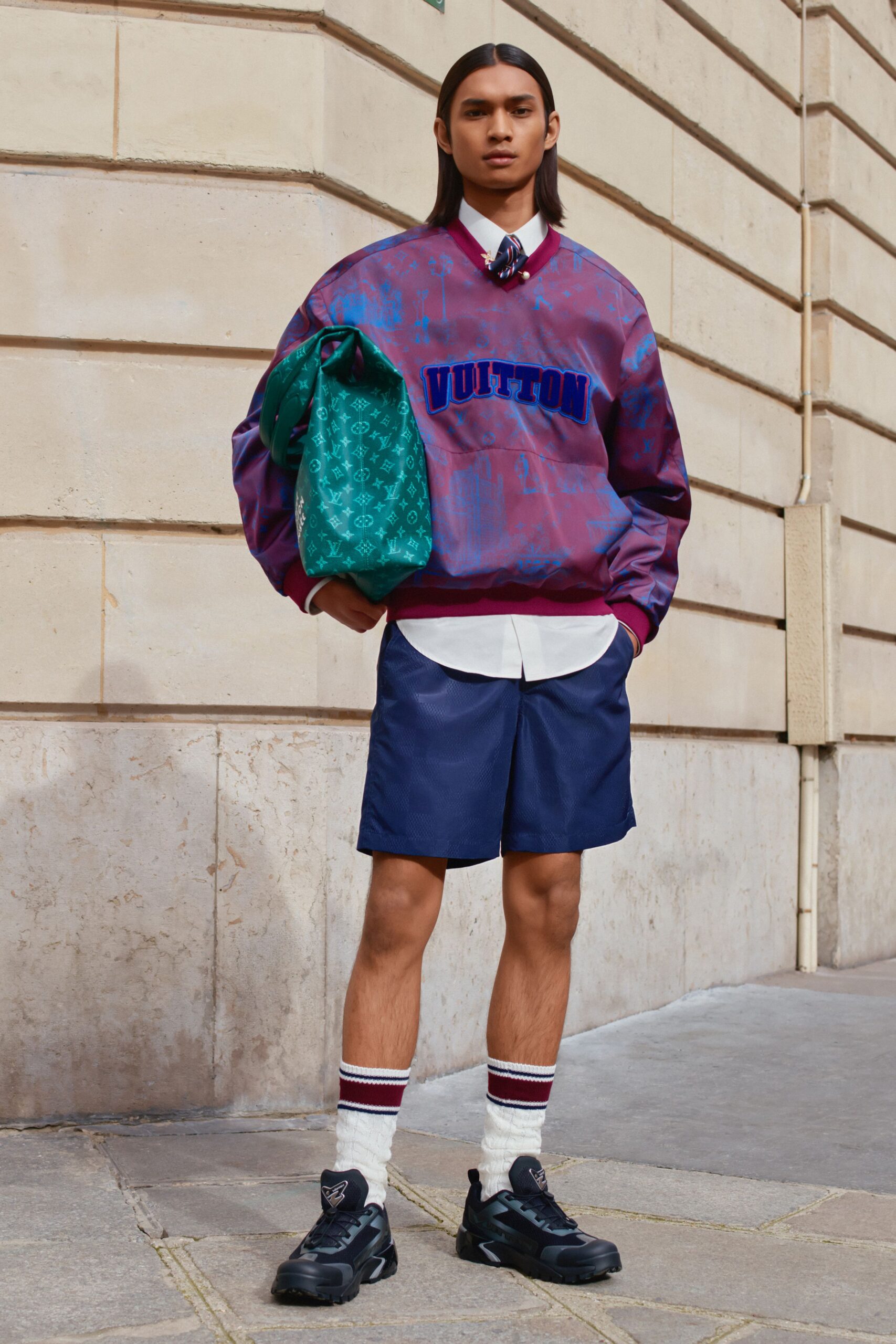 purple printed sweater with shorts
