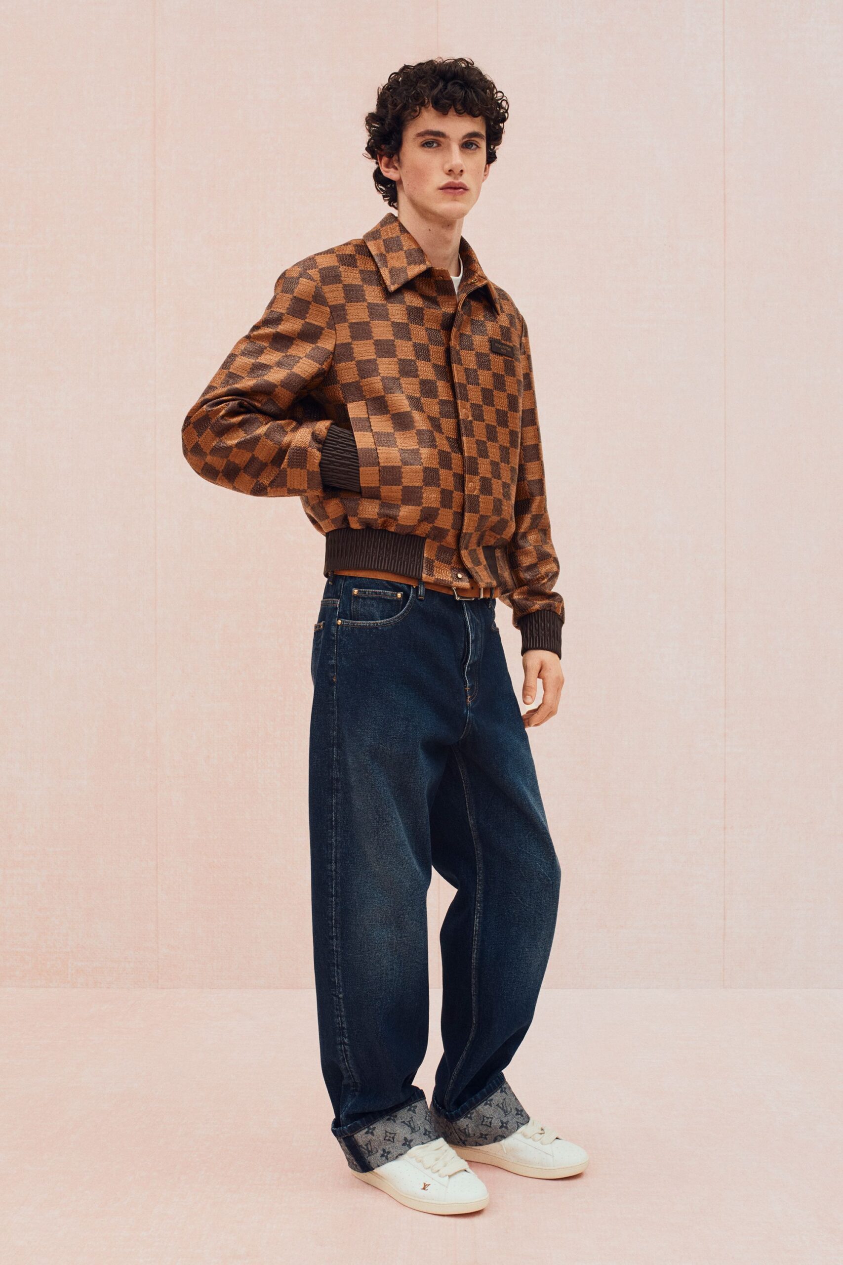 brown checked jacket with relaxed jeans
