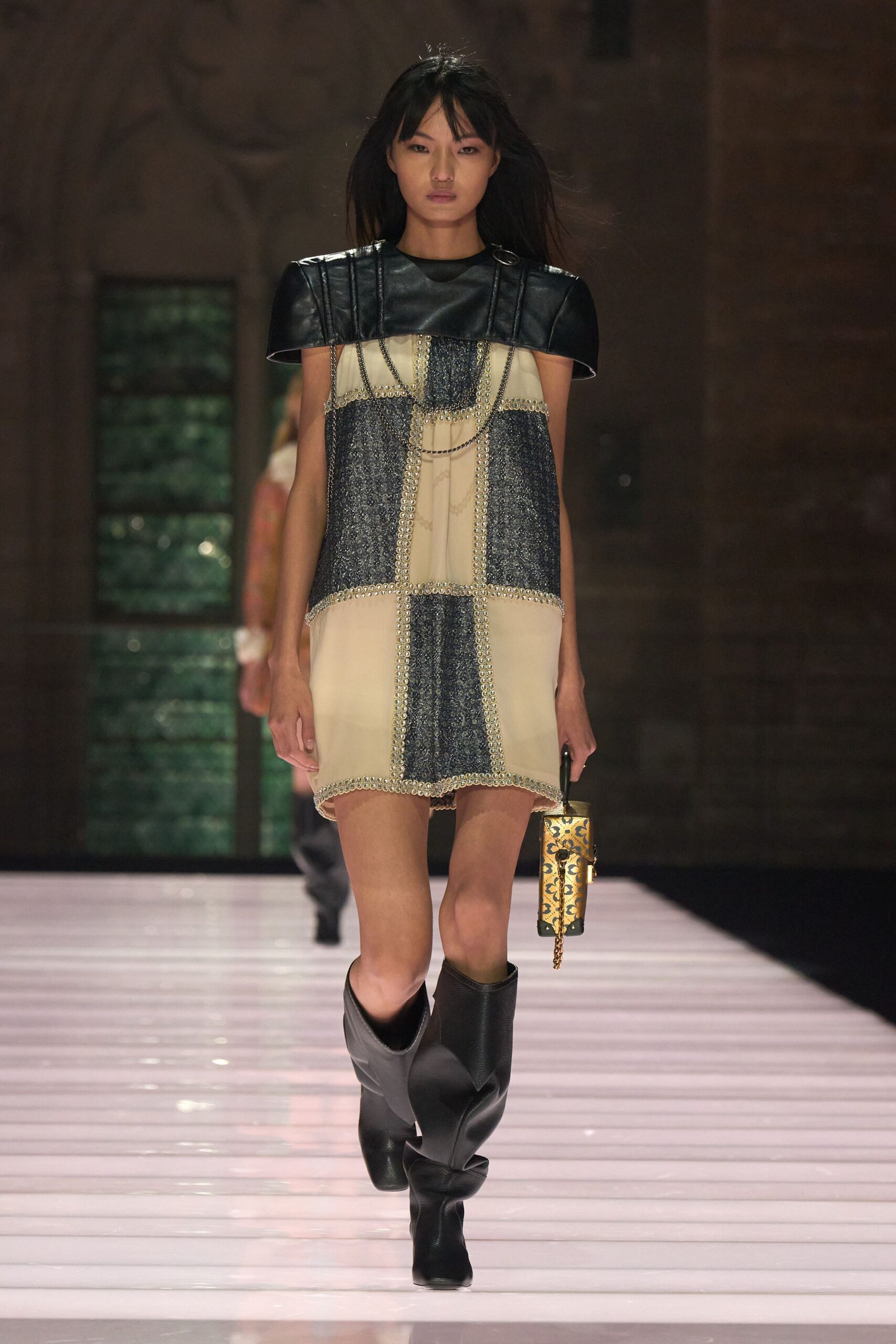 beige and blue color-blocked mini dress