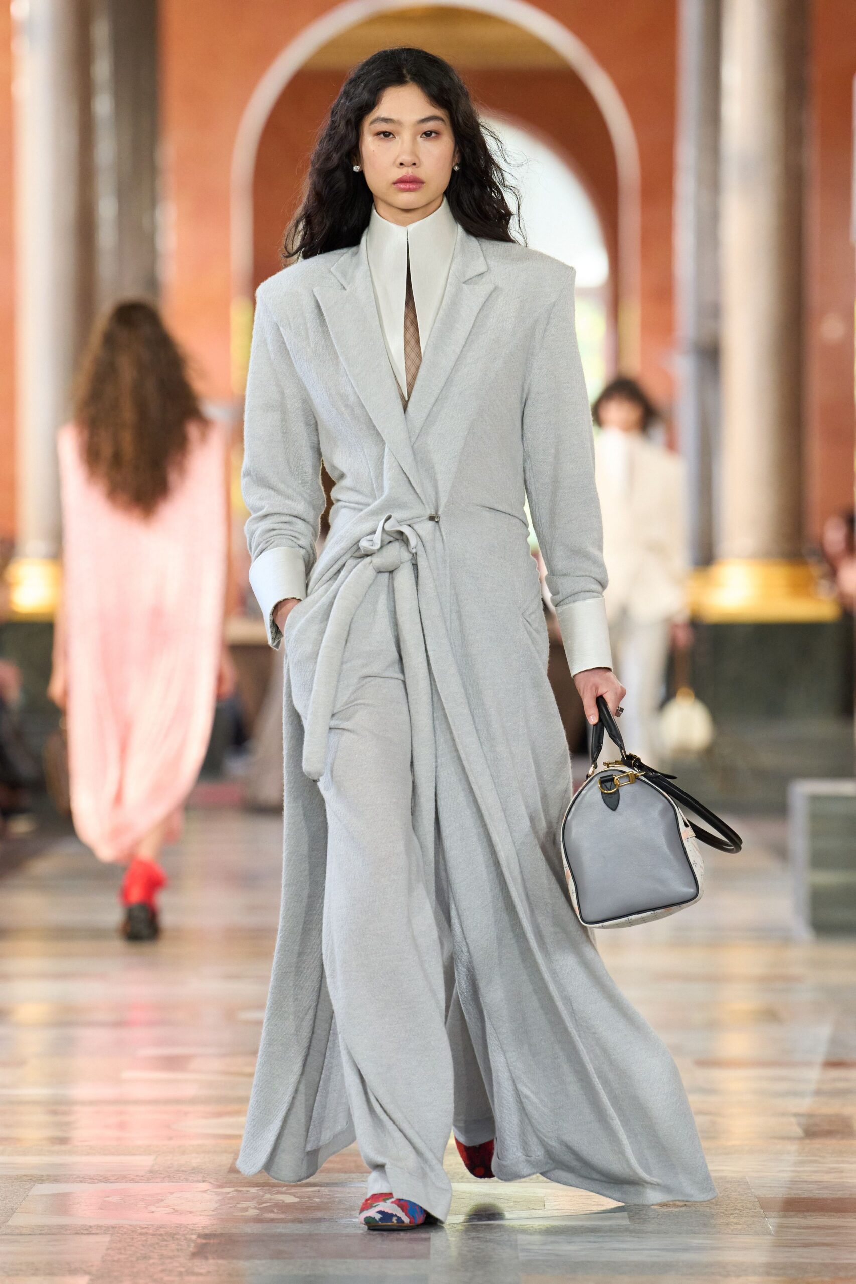 gray cotton long-sleeve collared relaxed belted maxi dress