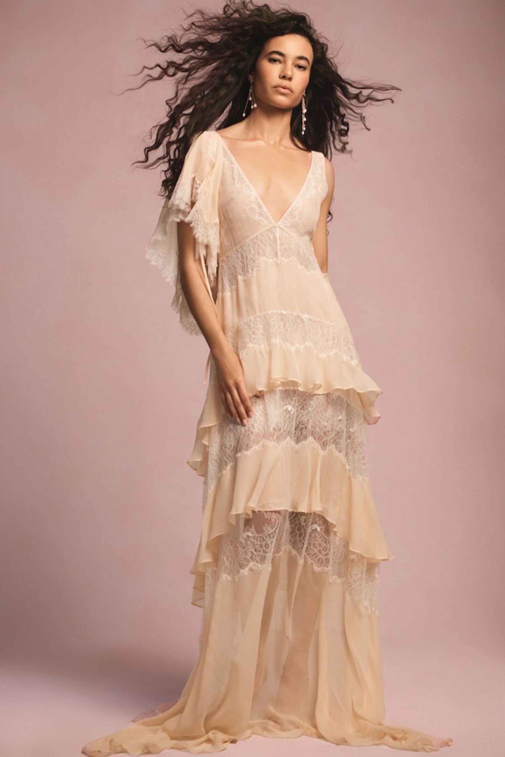 beige lace flowing gown