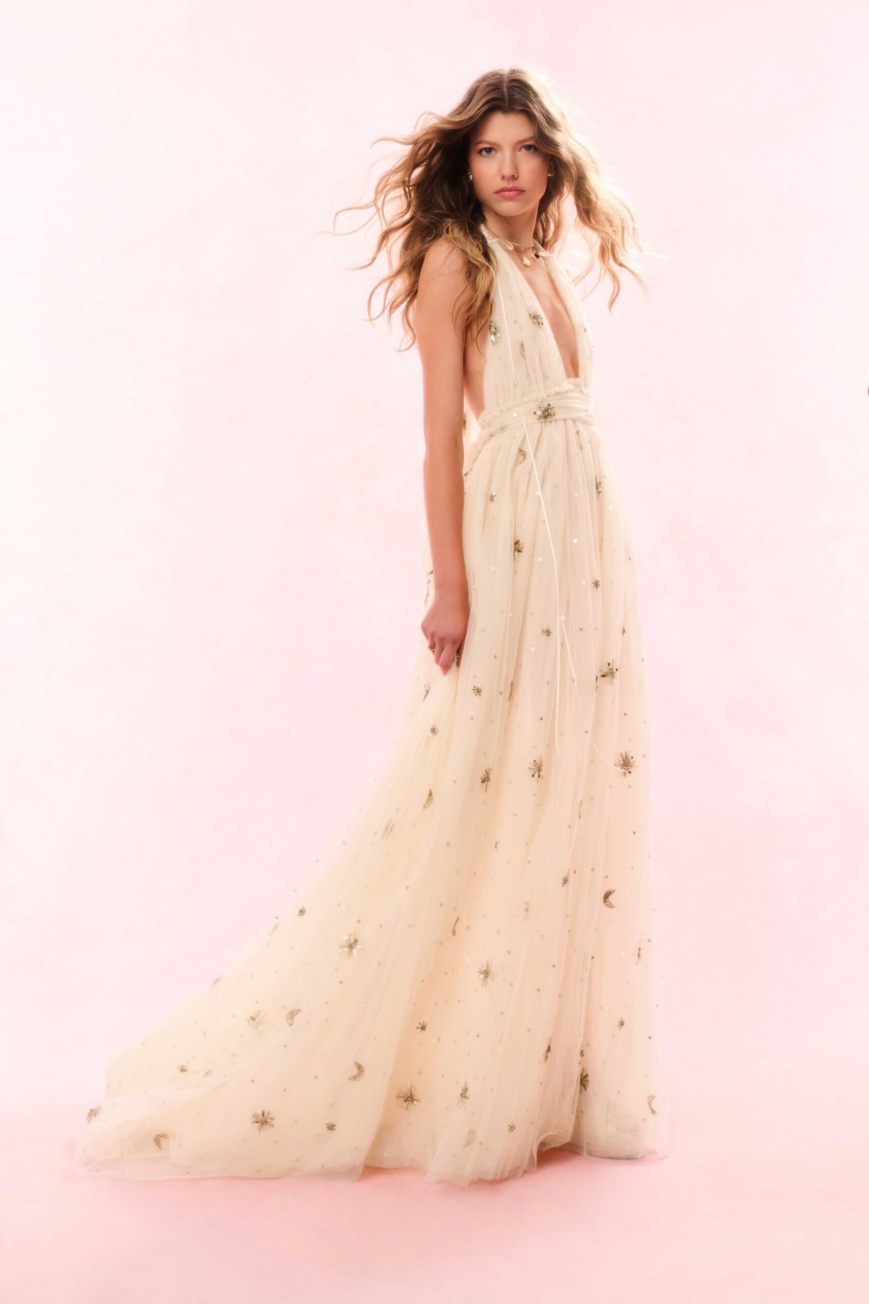 ivory sleeveless embroidered gown