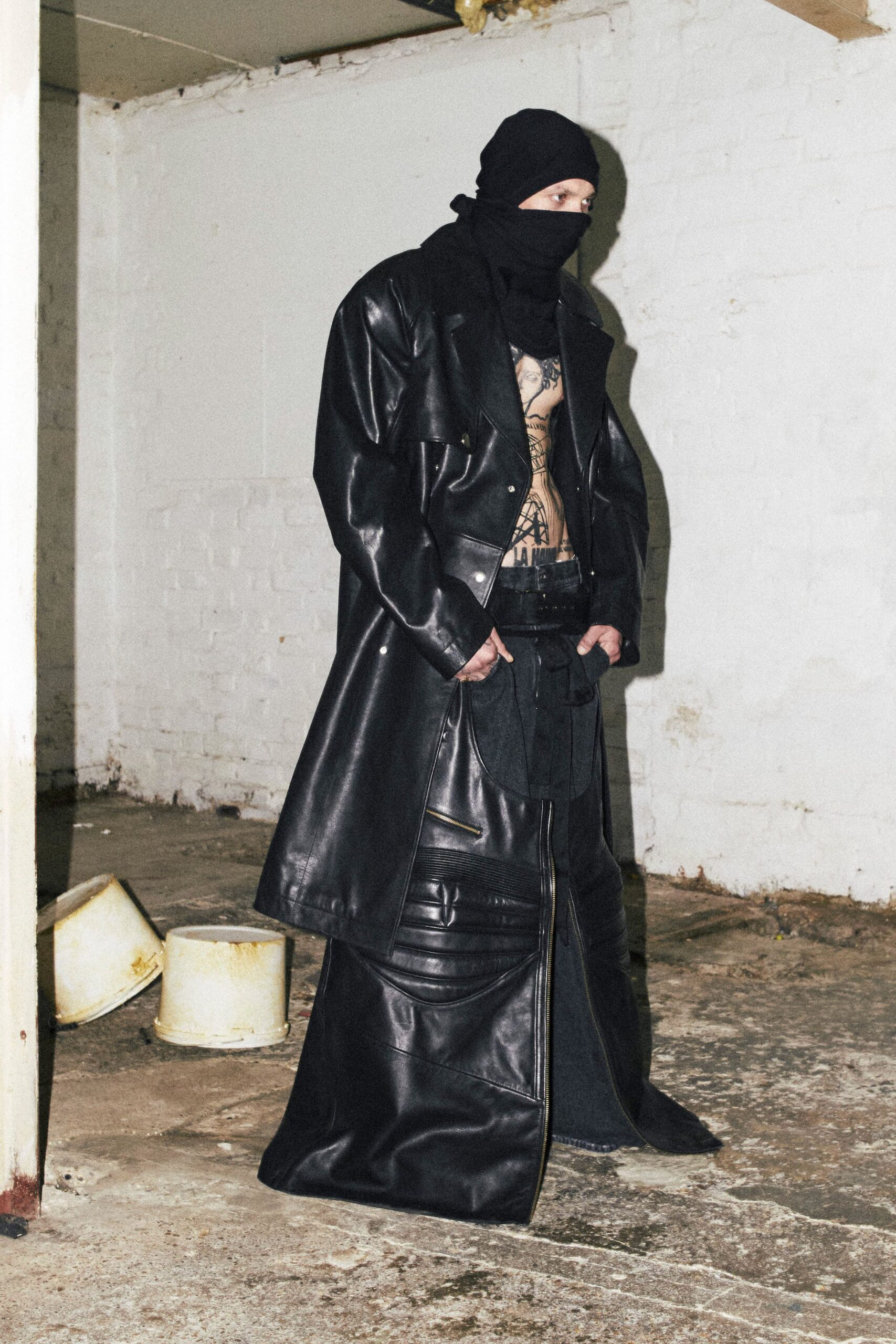 black leather long-sleeve oversized zippered maxi coat