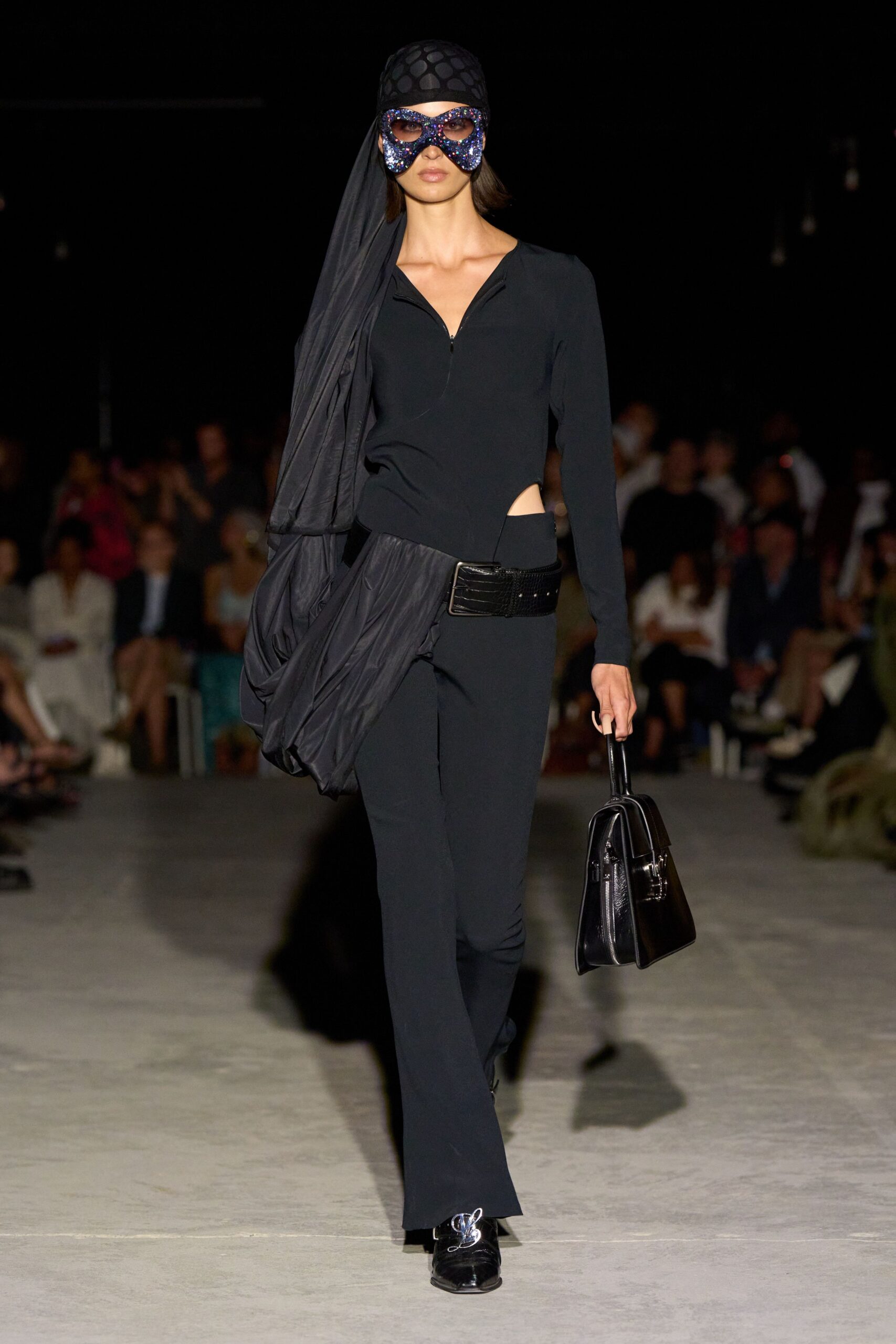 black cotton long-sleeve fitted zippered flared jumpsuit