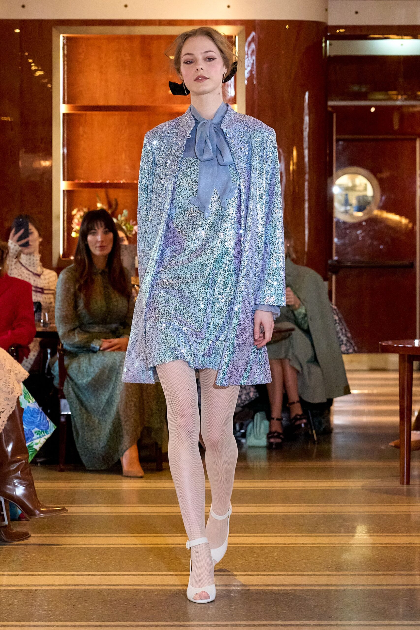 blue sequin long-sleeve structured buttoned shiny jacket