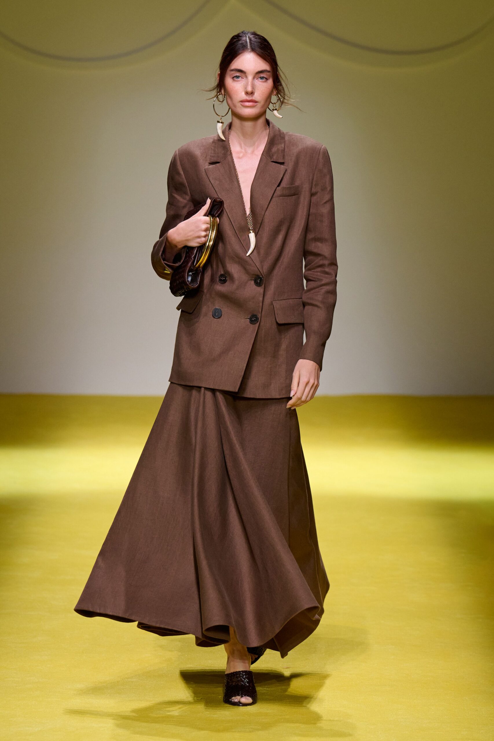brown tailored blazer with flared skirt