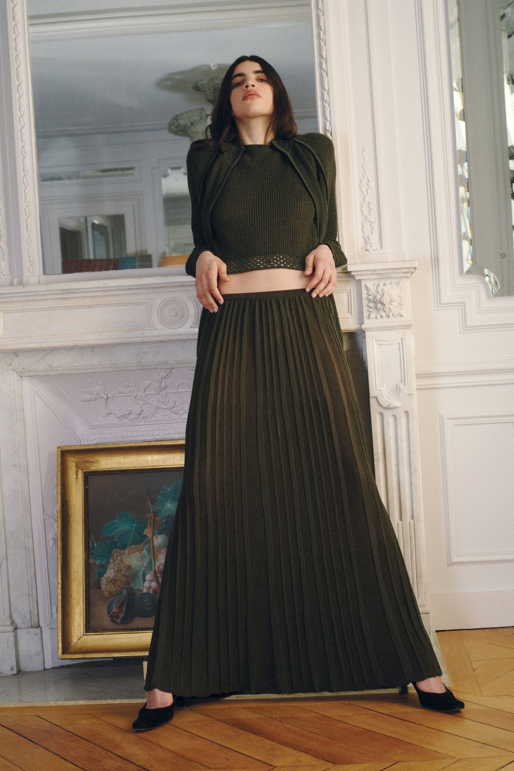 green knit fitted pleated maxi skirt