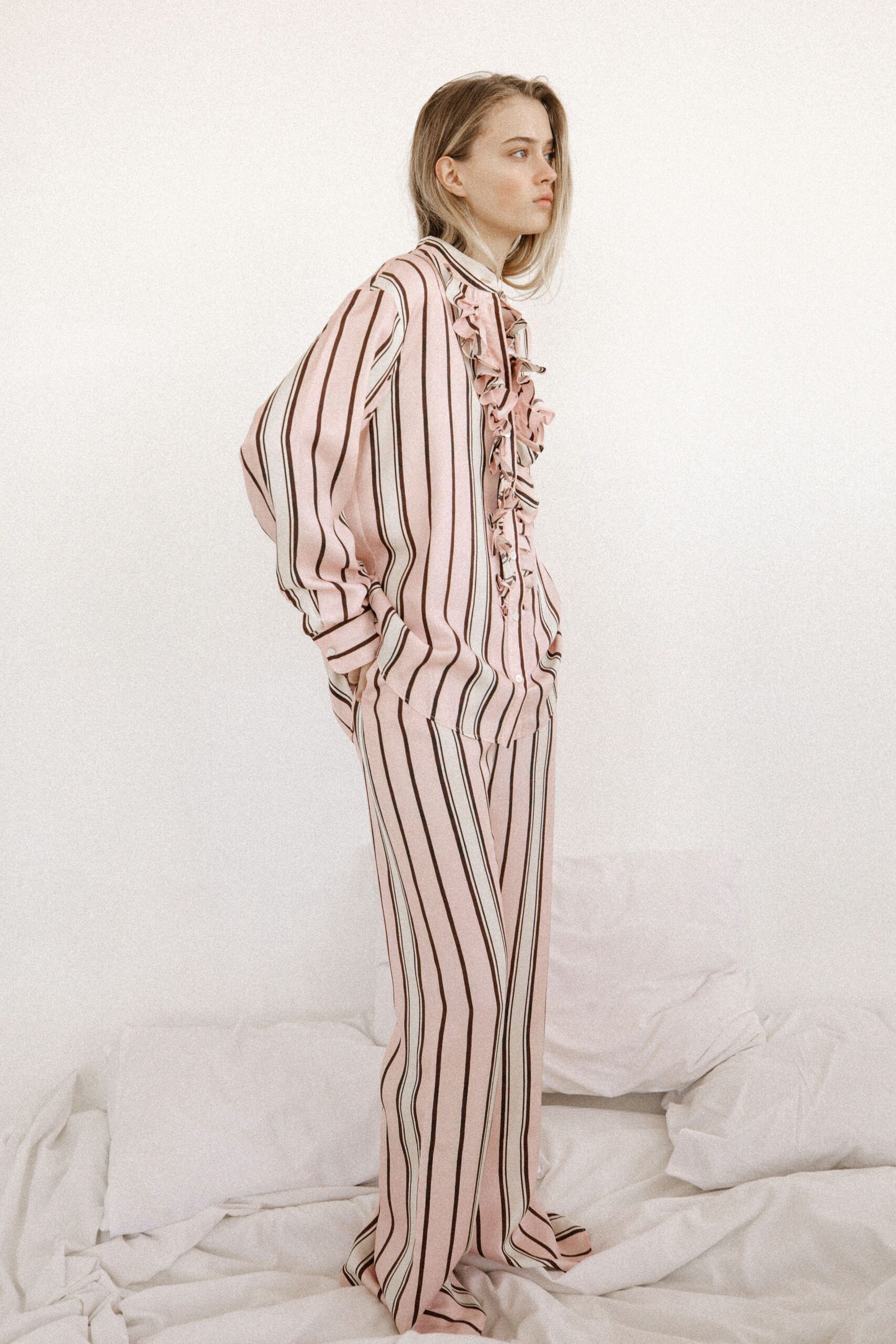 pink cotton long-sleeve collared relaxed striped ruffled shirt