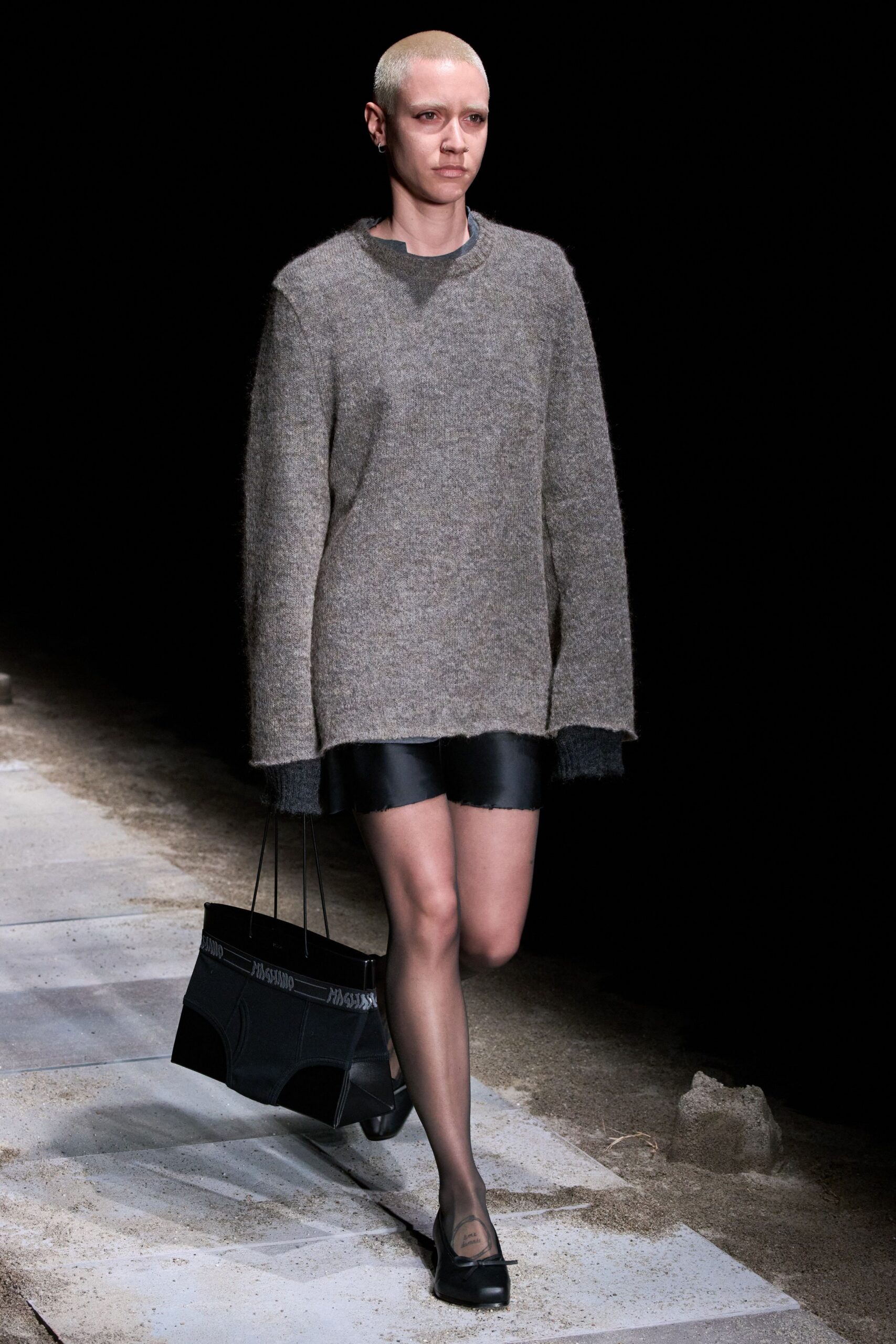 gray oversized sweater black leather shorts
