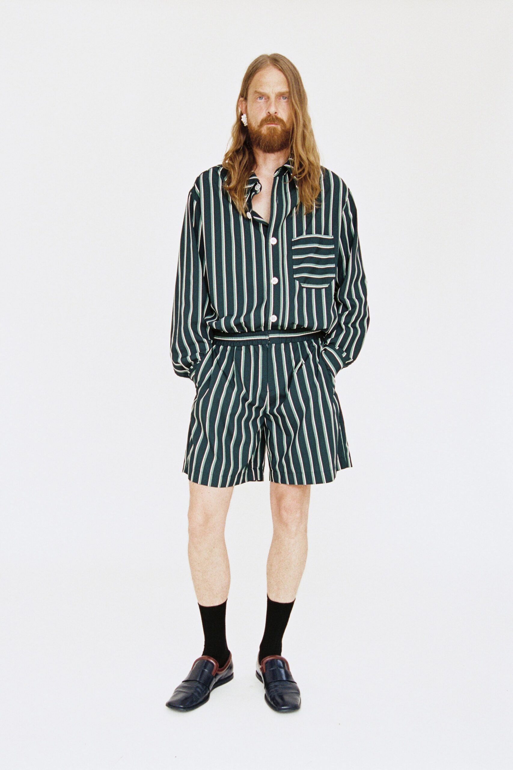green and white striped shirt and shorts