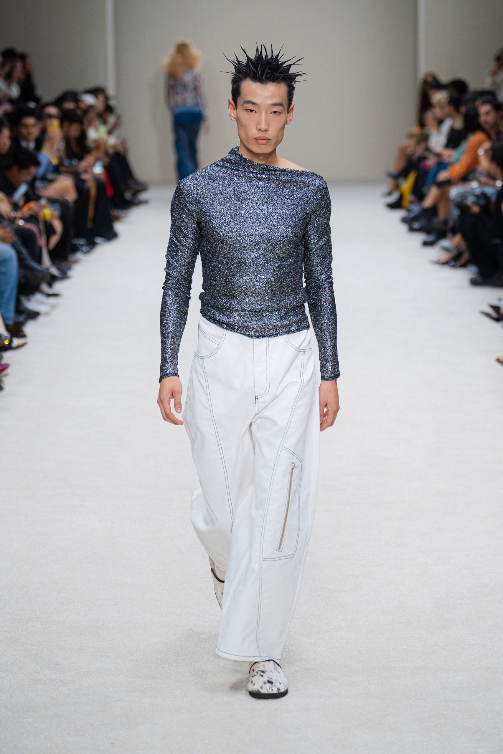 gray metallic long-sleeve high-neck fitted textured shiny top