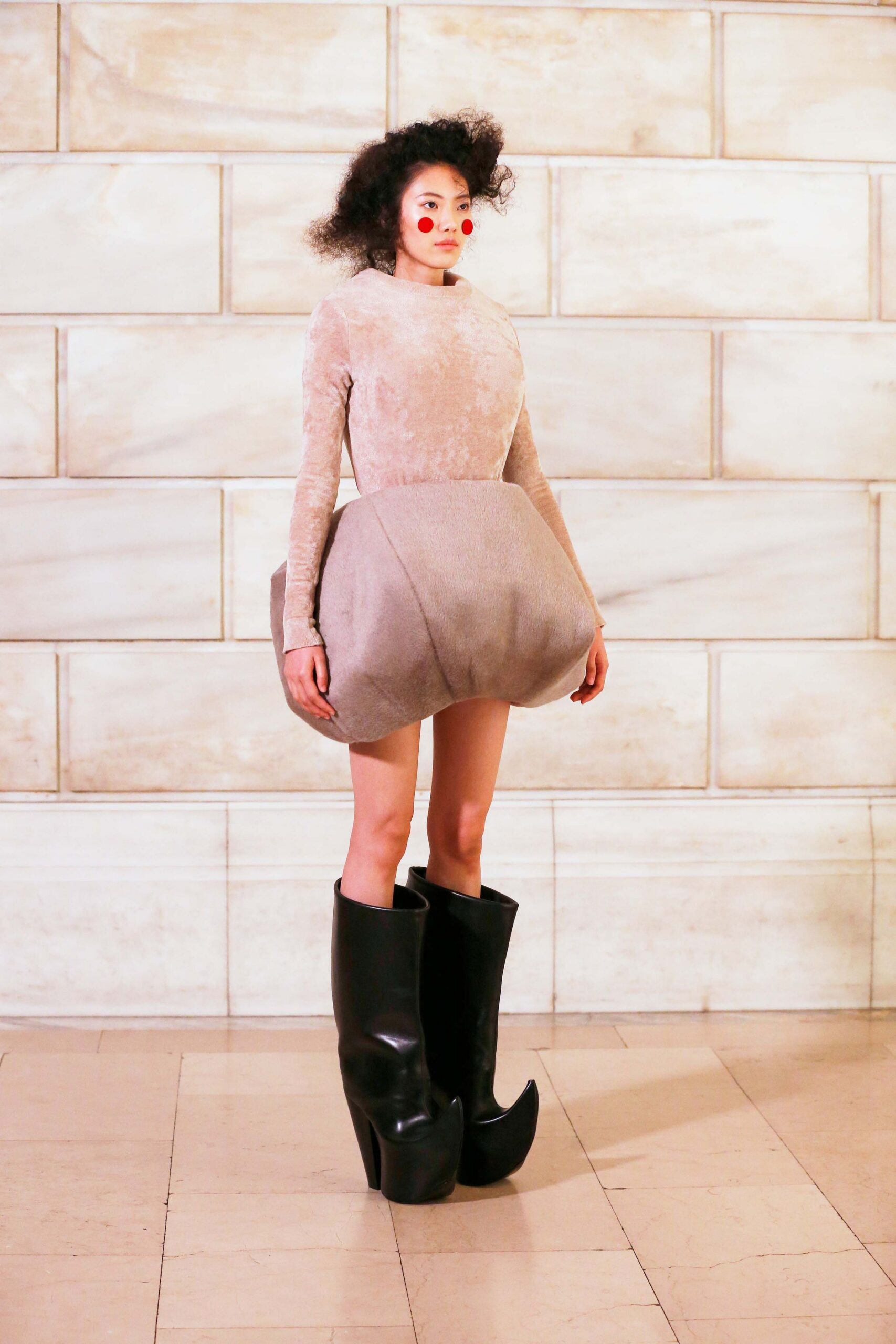 beige velvet long-sleeve high-neck fitted pleated mini dress