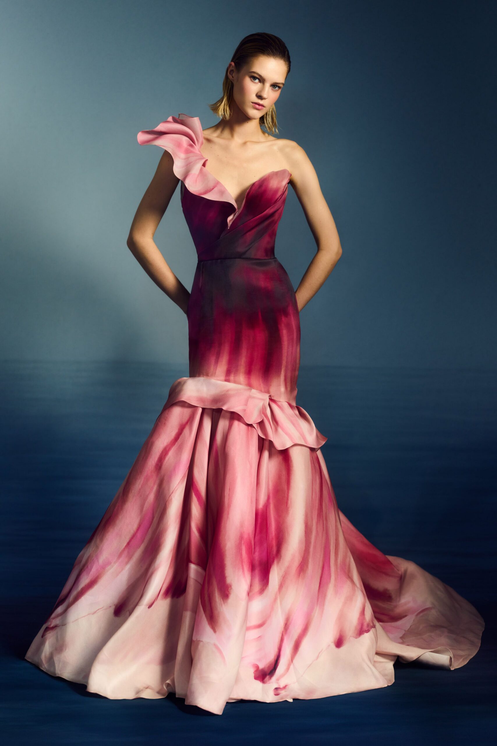 pink and red ruffled gown