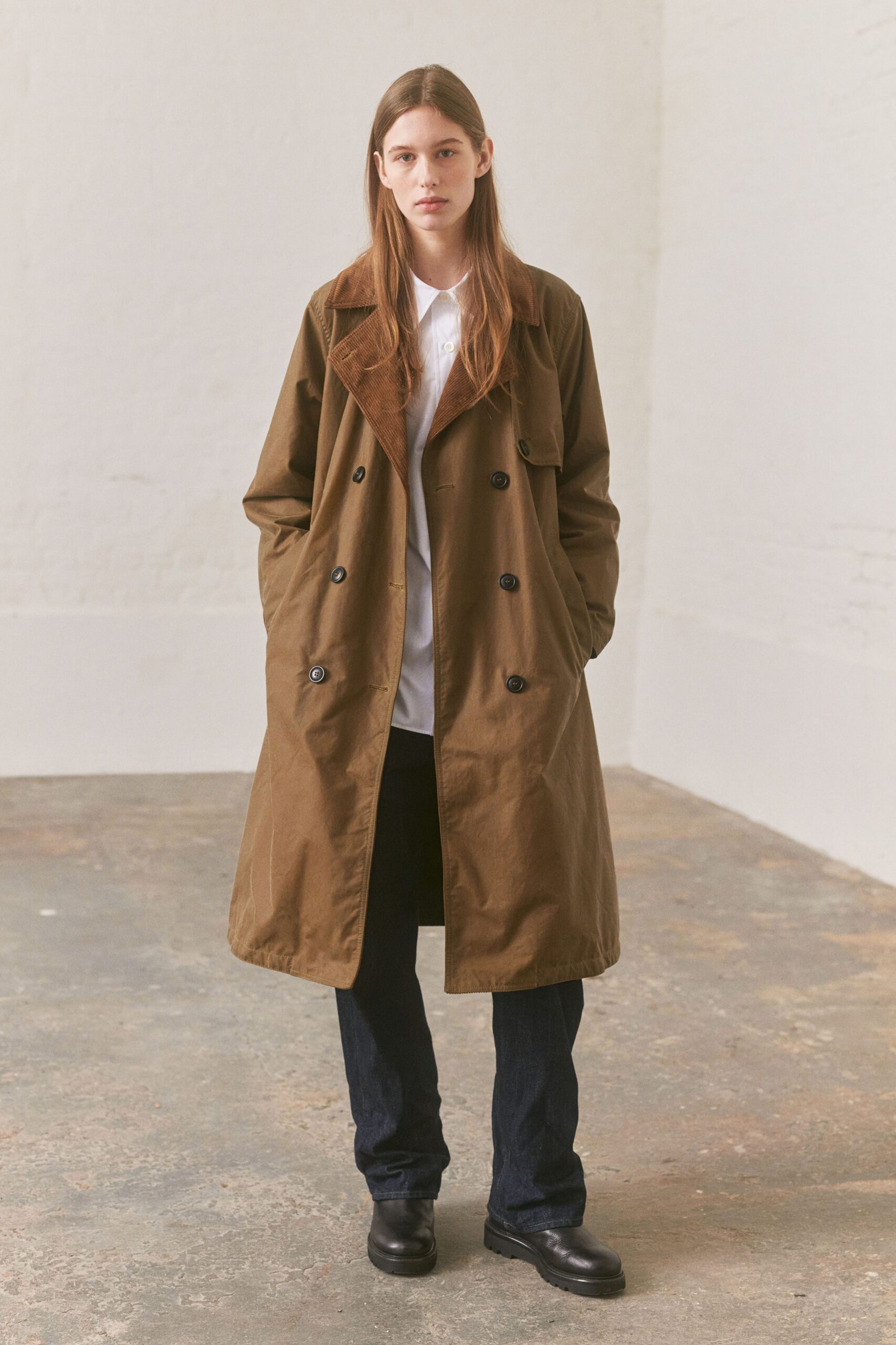 brown cotton long-sleeve collared relaxed buttoned midi trench