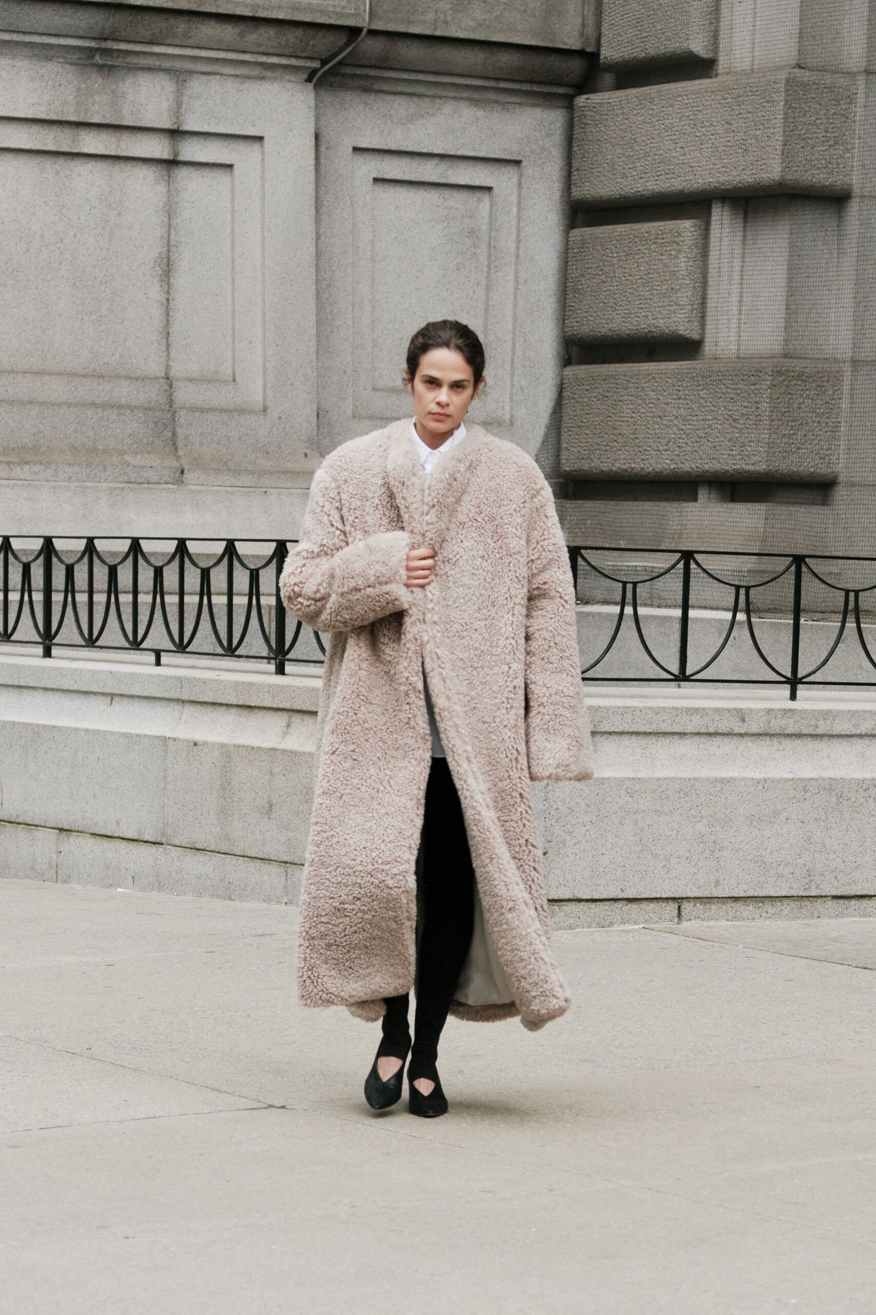 beige faux-fur long-sleeve collared oversized textured maxi coat