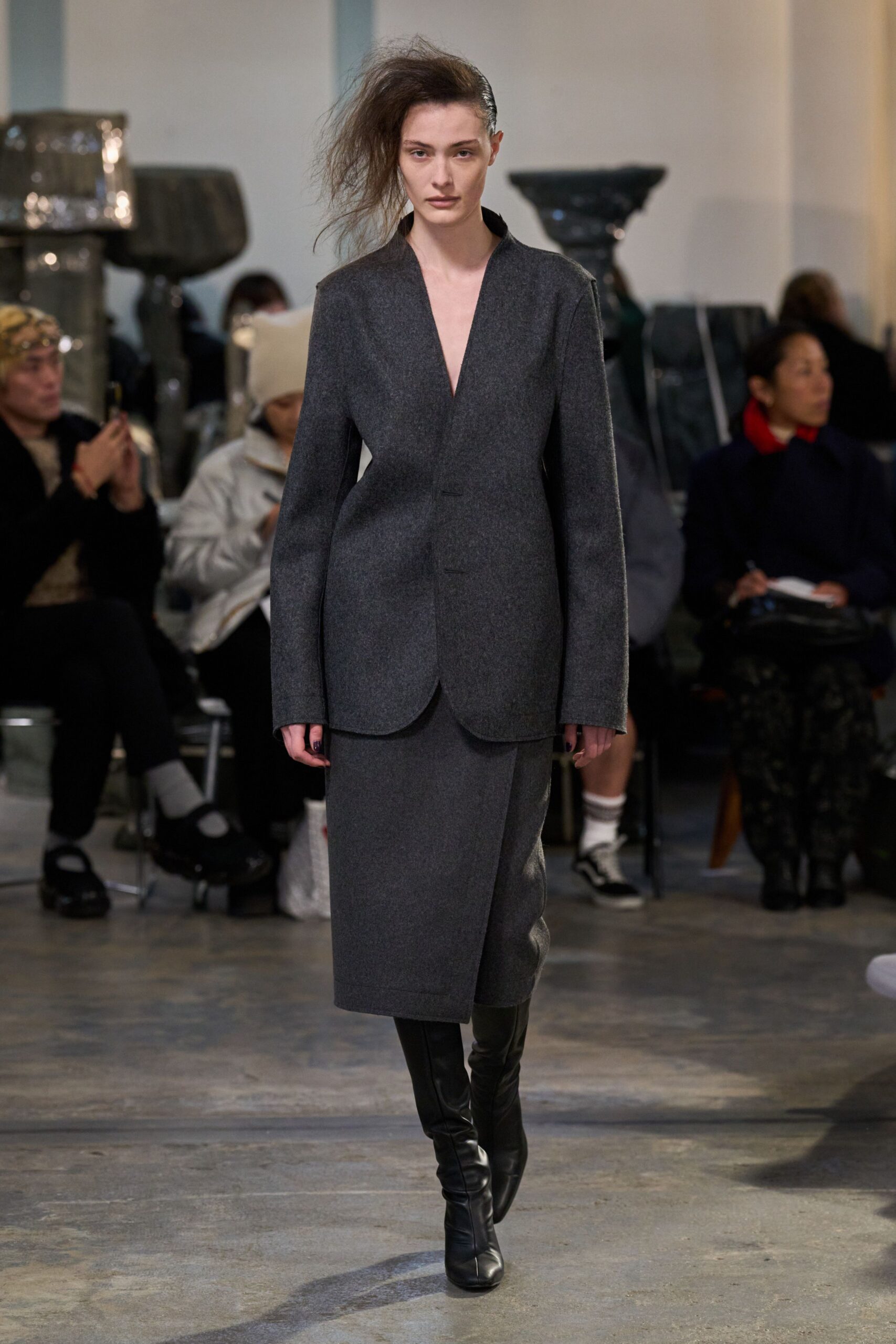 gray wool asymmetric fitted skirt