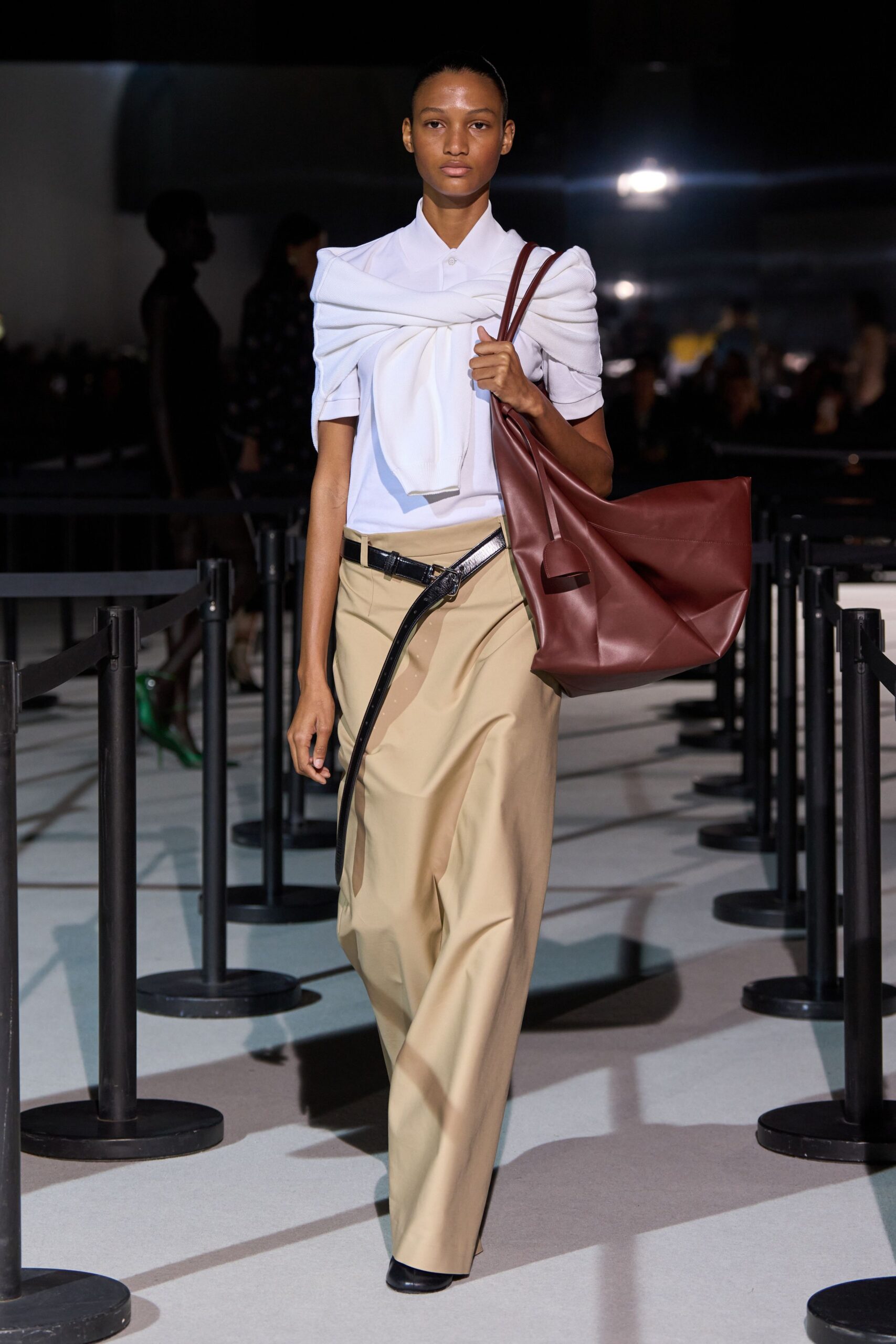 white shirt beige pants