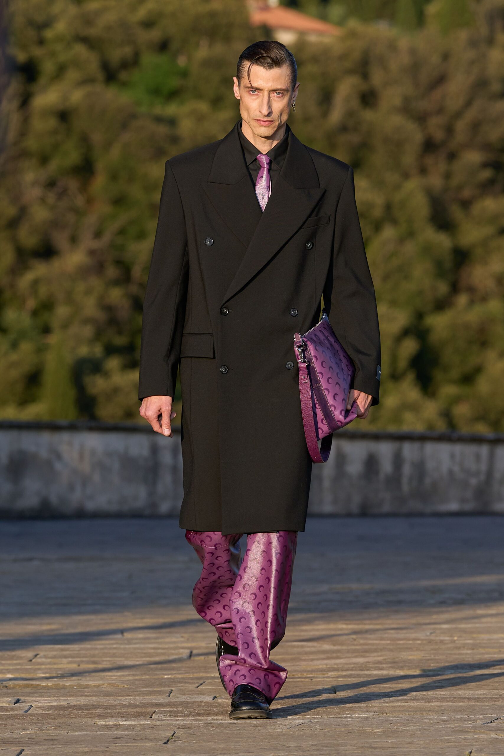 purple silk slim printed pants