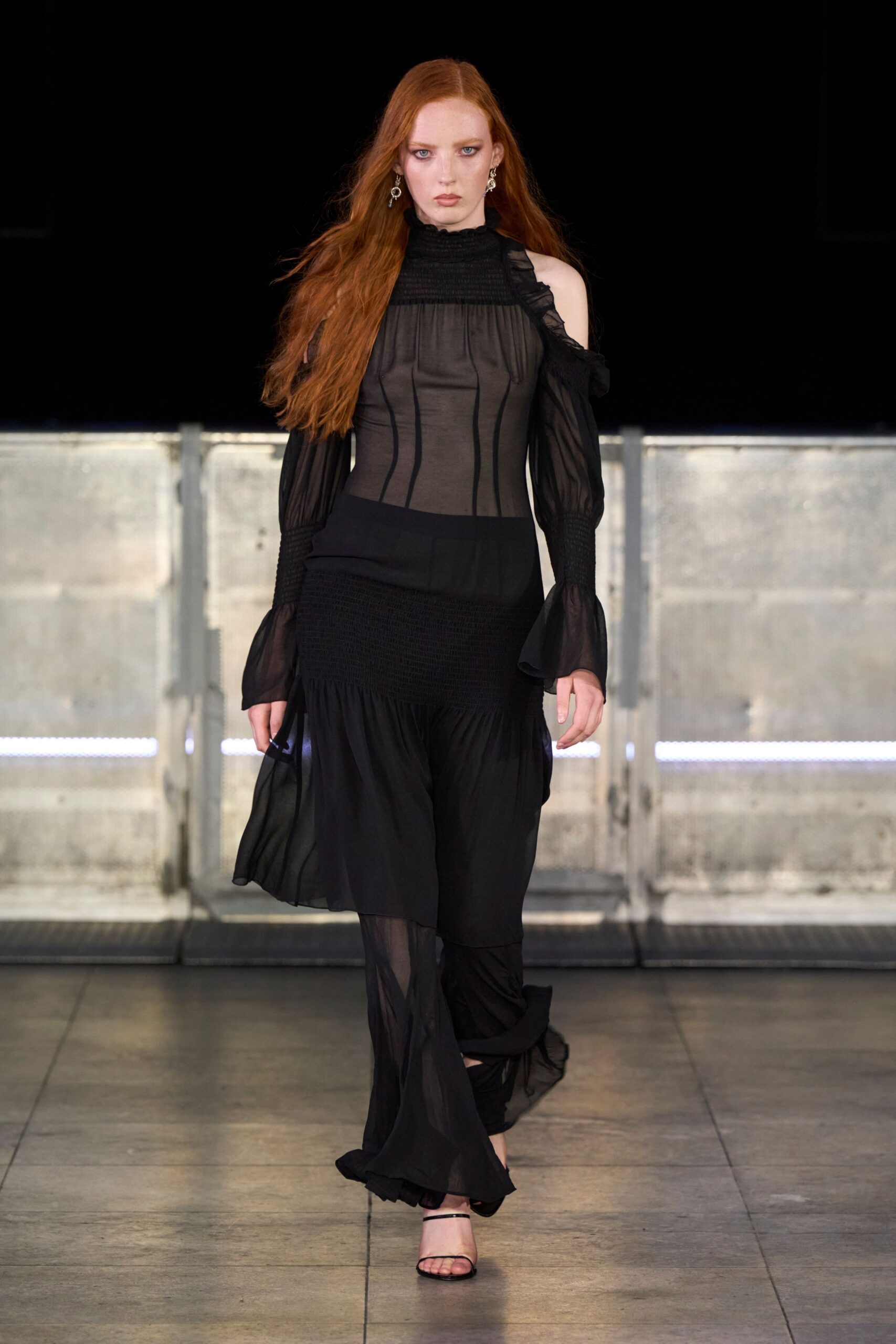 black silk long-sleeve off-shoulder fitted ruffled layered dress