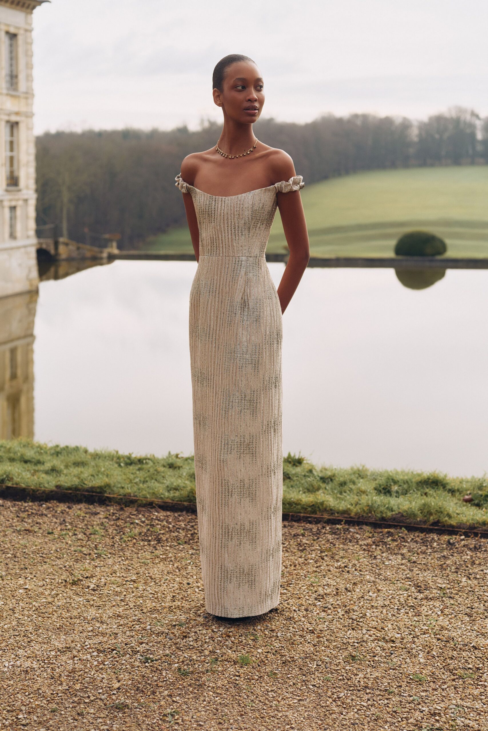 beige silk off-shoulder gown