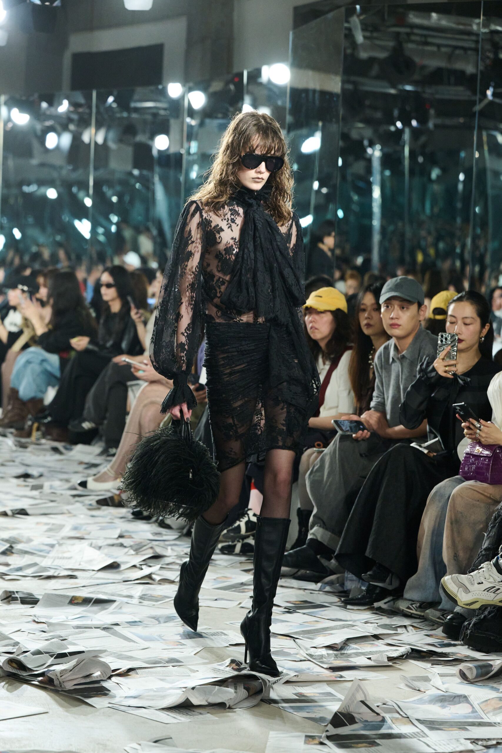 black lace long-sleeve v-neck fitted ruffled dress