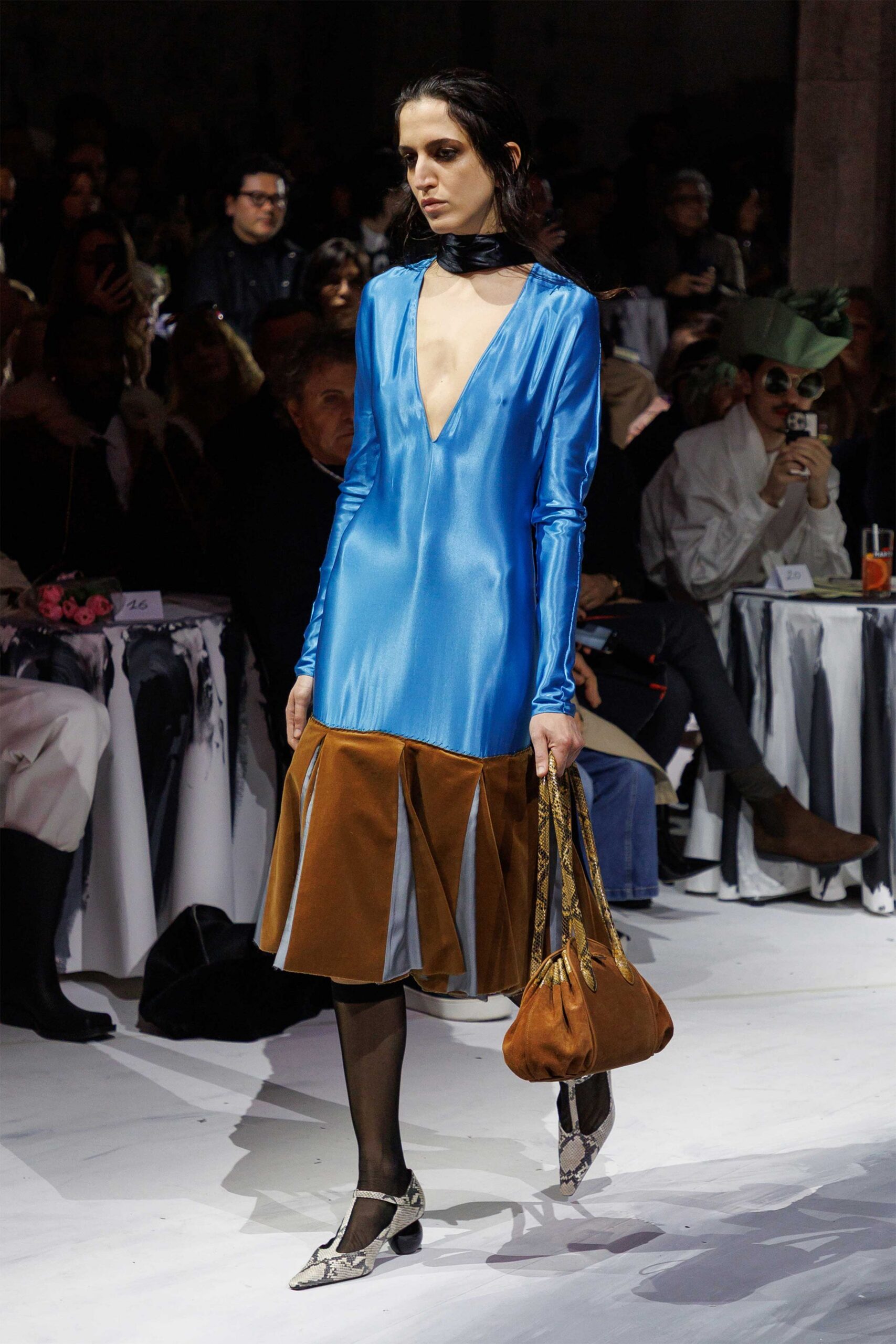 blue silk midi dress with pleats