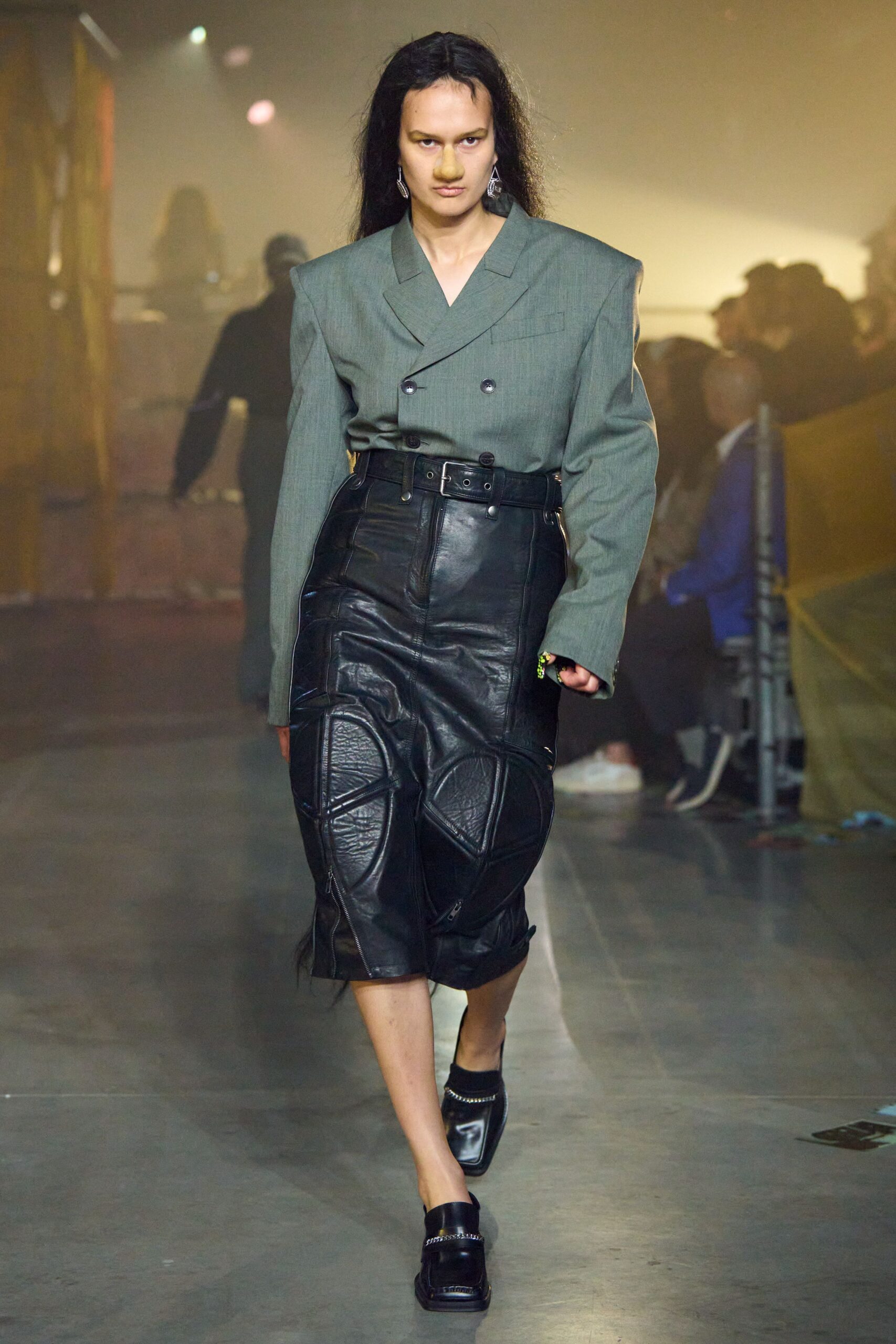 gray blazer black leather skirt