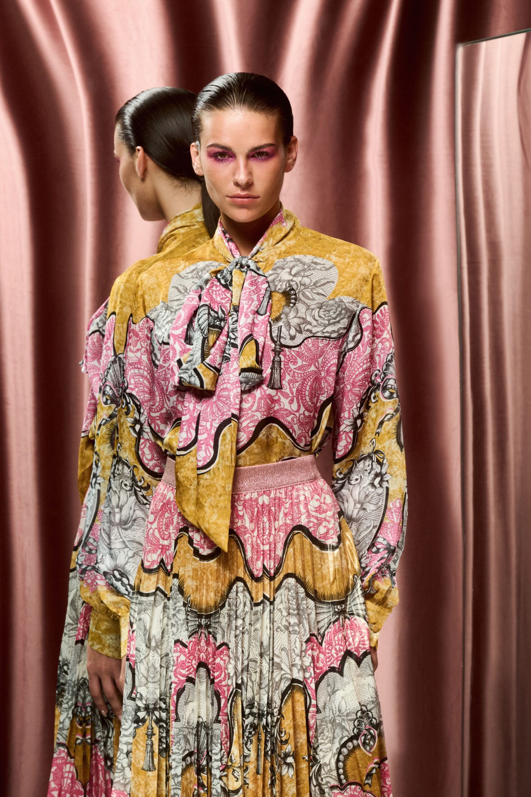 yellow silk long-sleeve collared relaxed pleated printed blouse