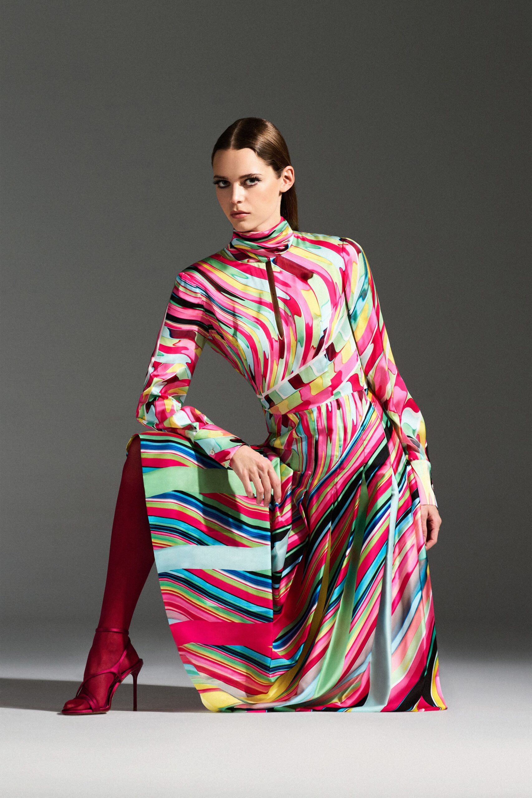 pink silk long-sleeve high-neck fitted printed pleated dress