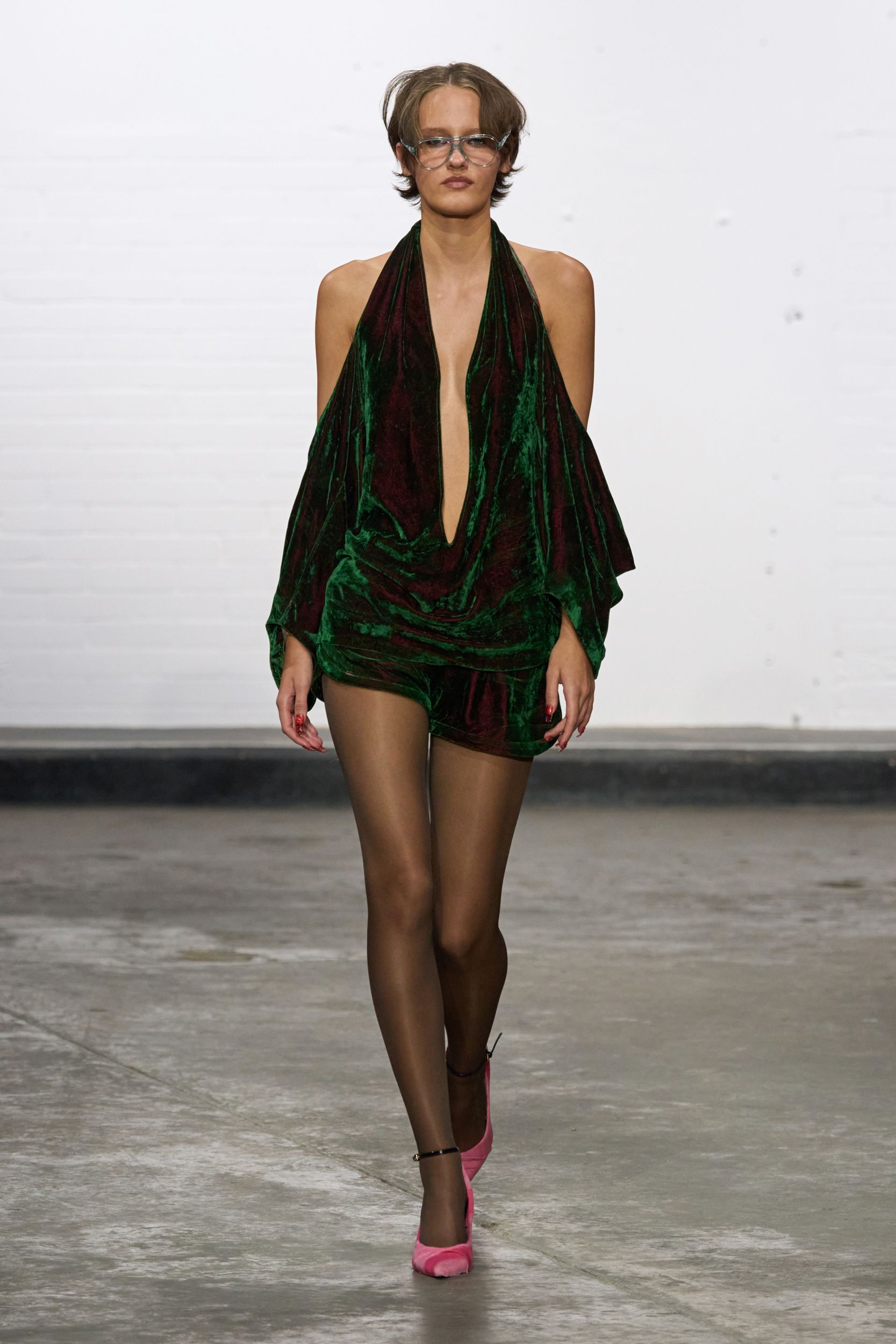green velvet sleeveless v-neck fitted draped mini dress