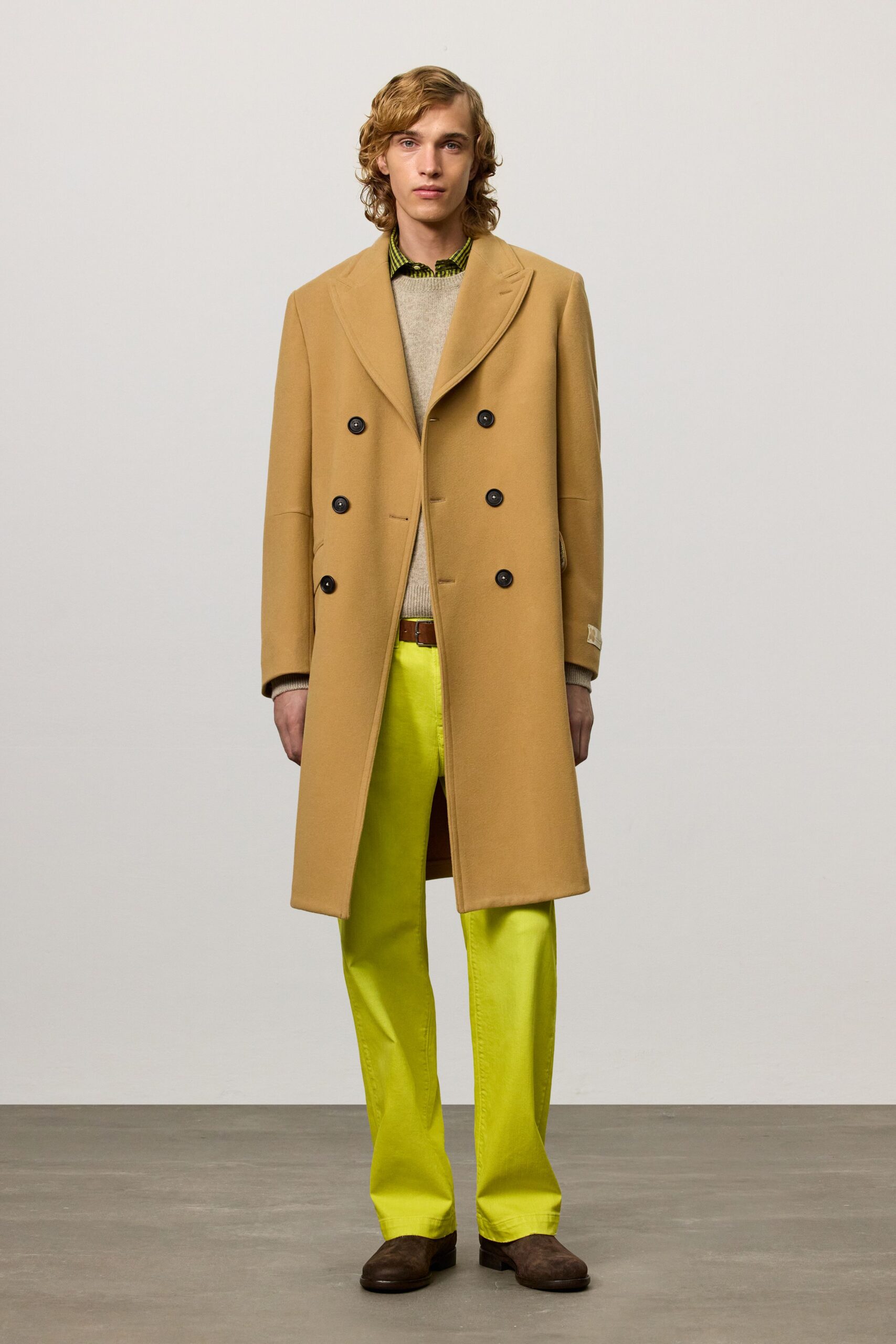 beige wool long-sleeve collared structured coat