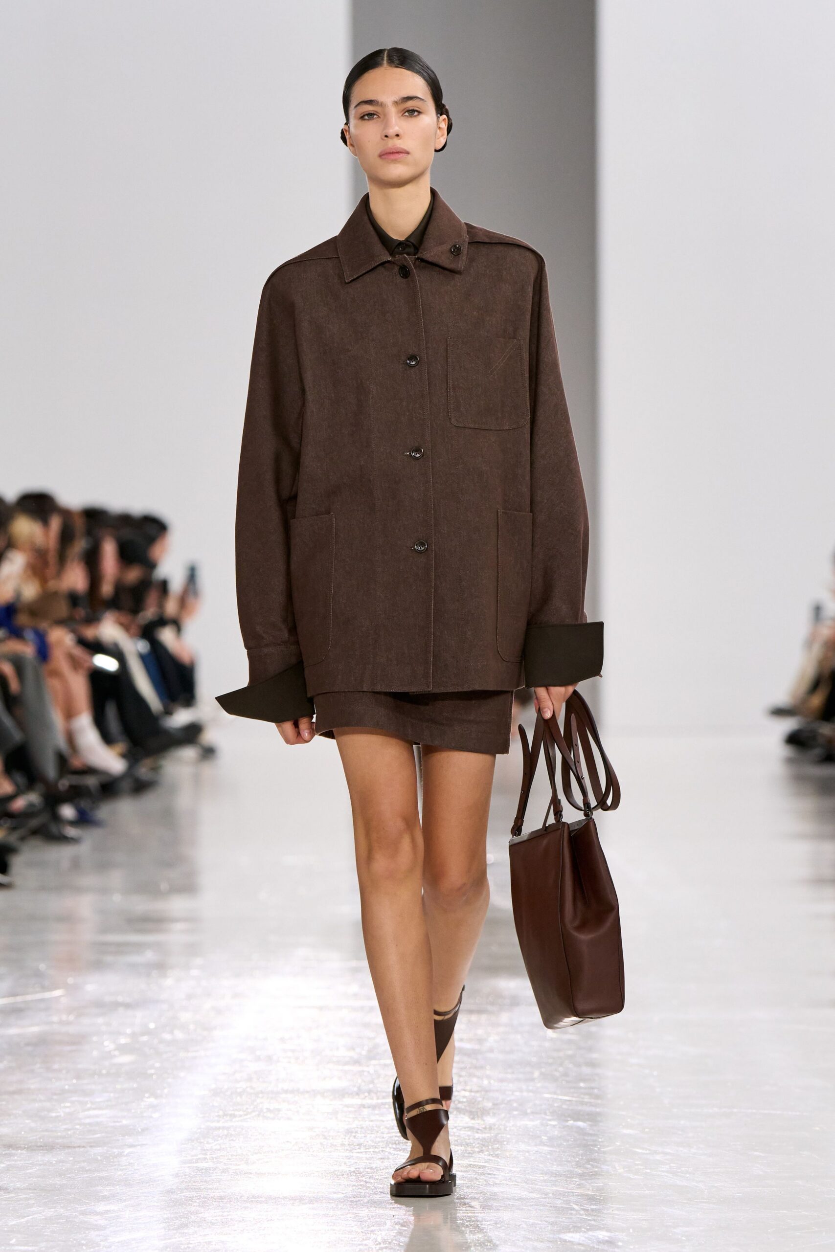 brown suede long-sleeve collared oversized buttoned jacket