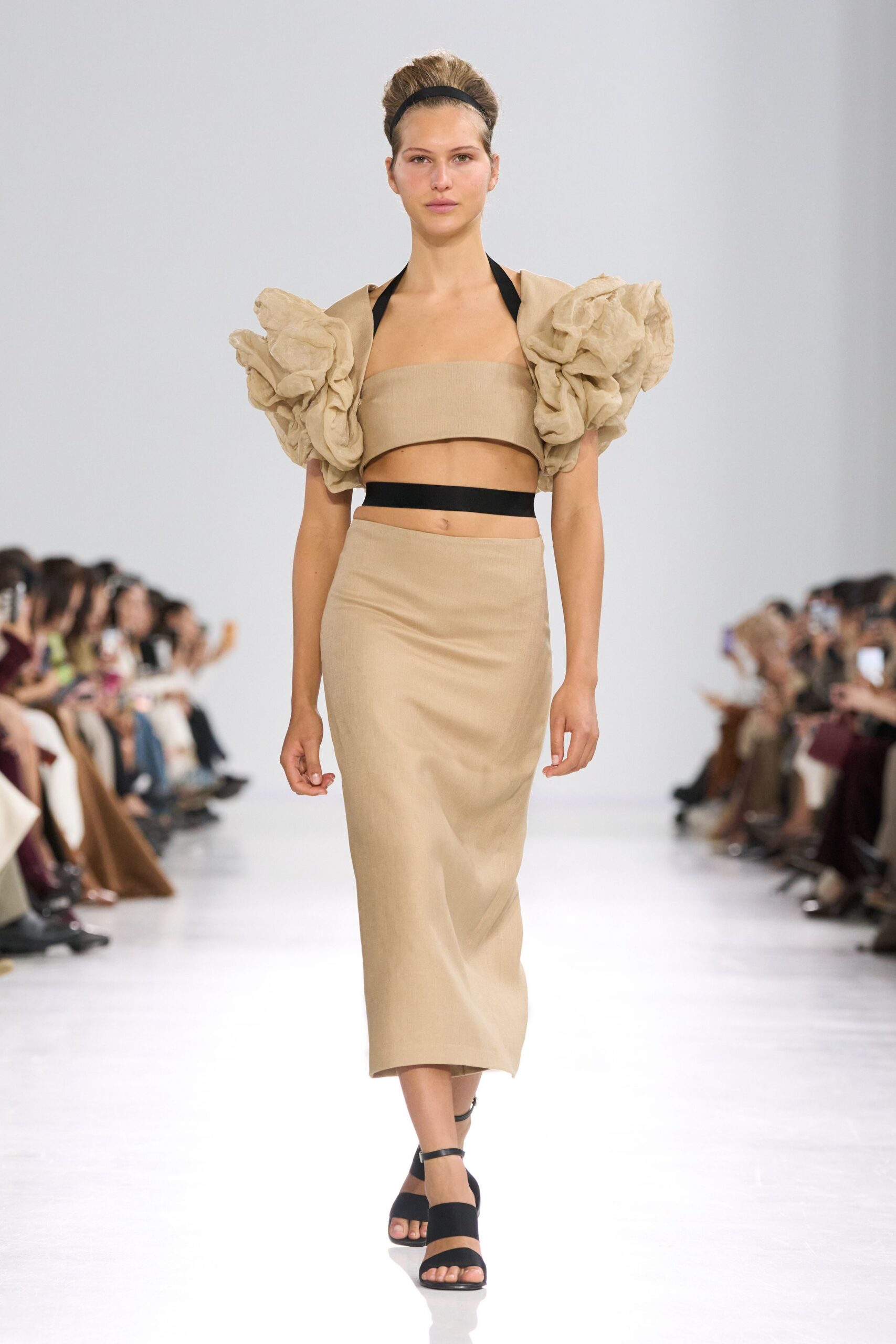 beige ruffled top and midi skirt