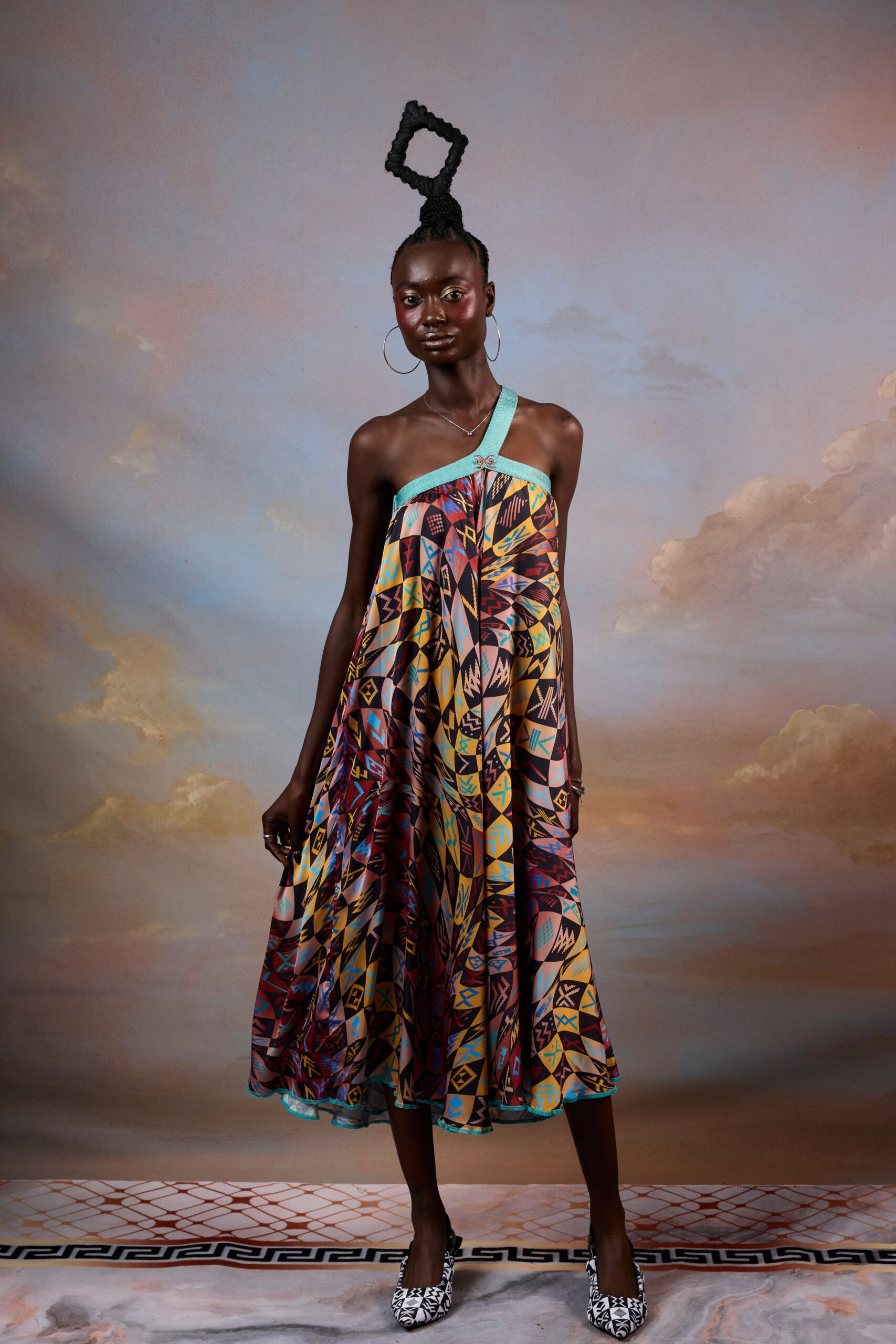 multi chiffon sleeveless asymmetric relaxed printed tiered dress
