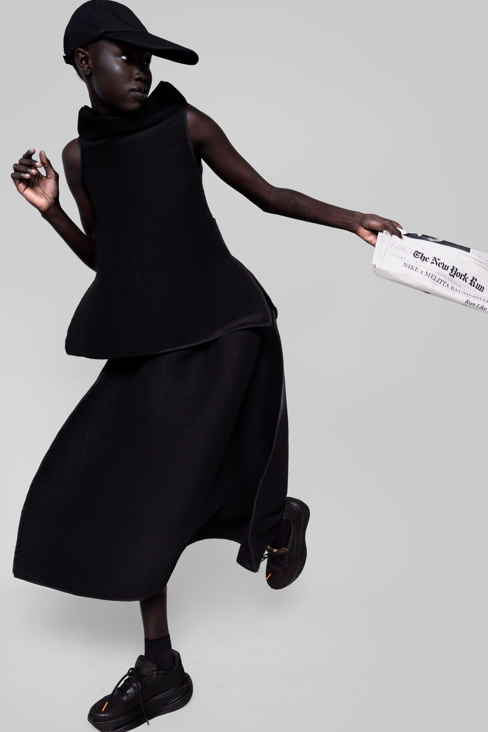 black midi dress with sneakers