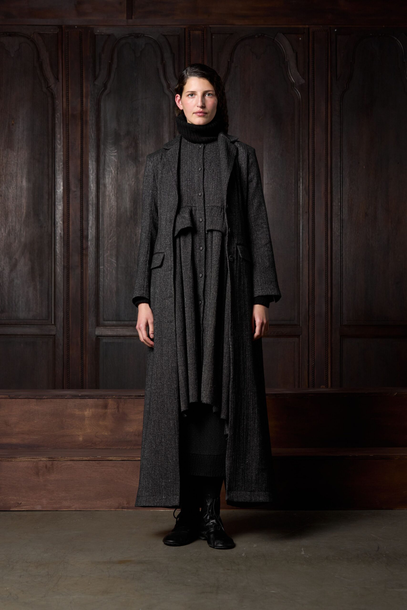 black wool long-sleeve collared fitted belted layered coat
