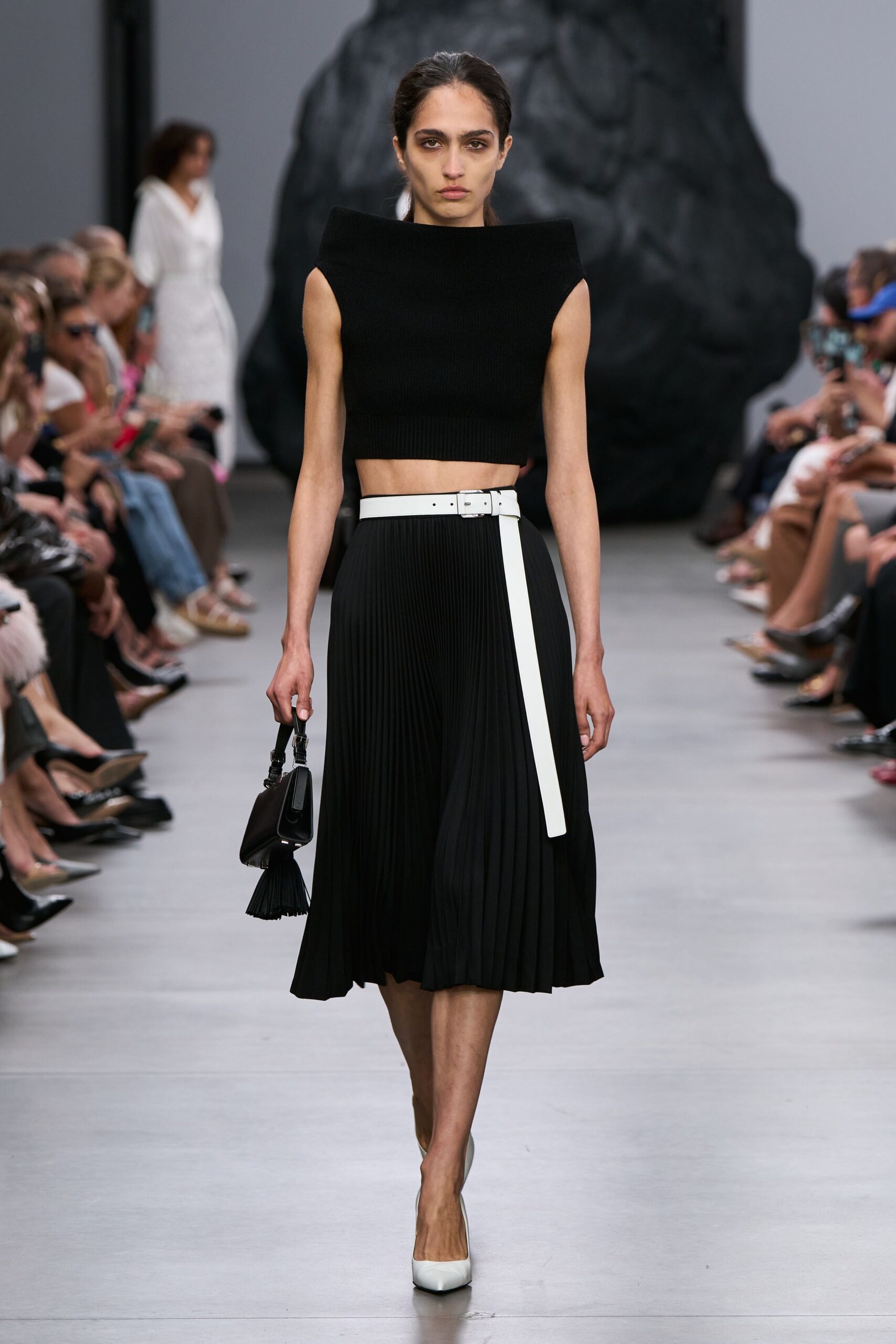 black wool sleeveless high-neck fitted structured top